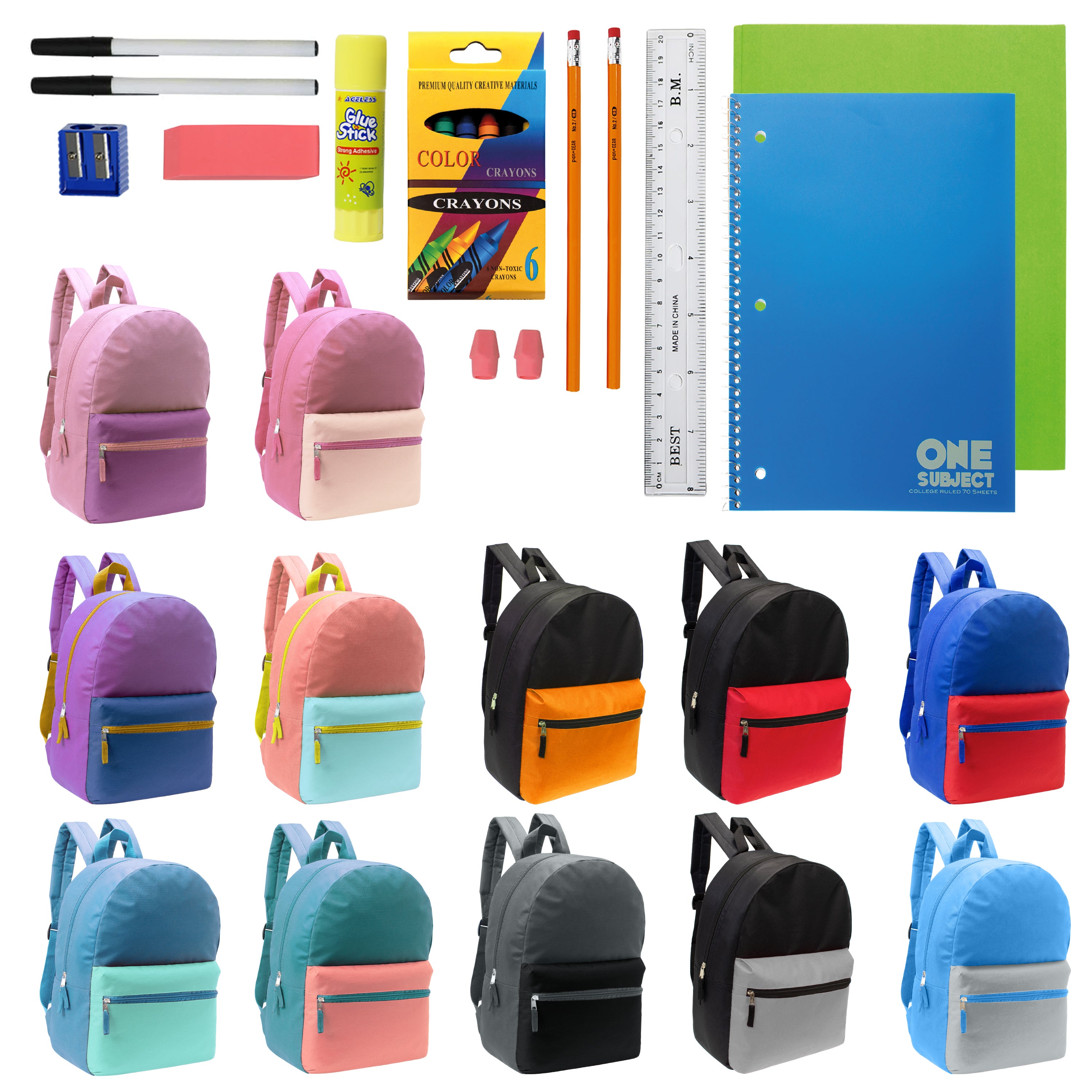 12 Wholesale 17" Two Tone Backpacks in 12 Assorted Colors & 12 Bulk School Supply Kits of Your Choice