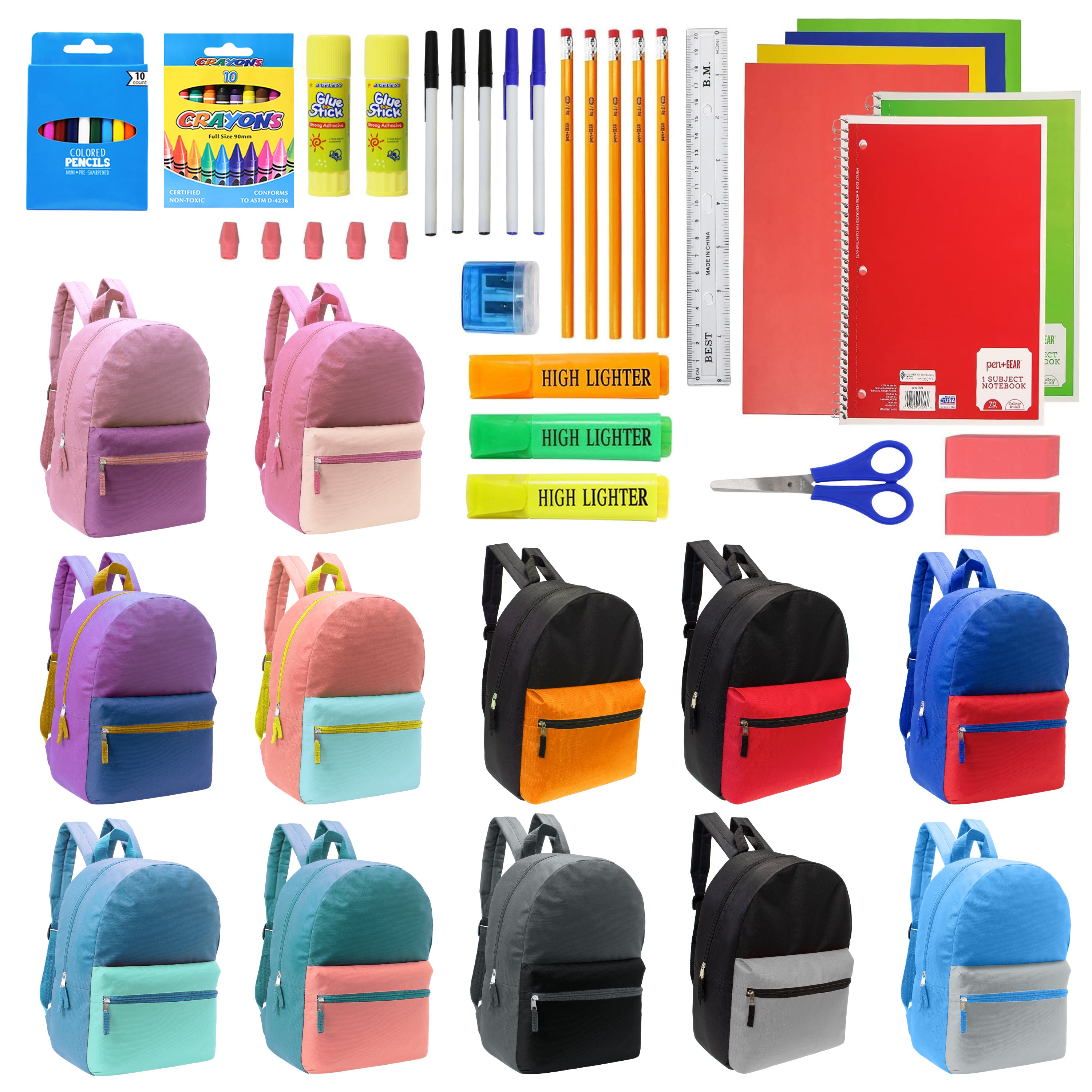 12 Wholesale 17" Two Tone Backpacks in 12 Assorted Colors & 12 Bulk School Supply Kits of Your Choice