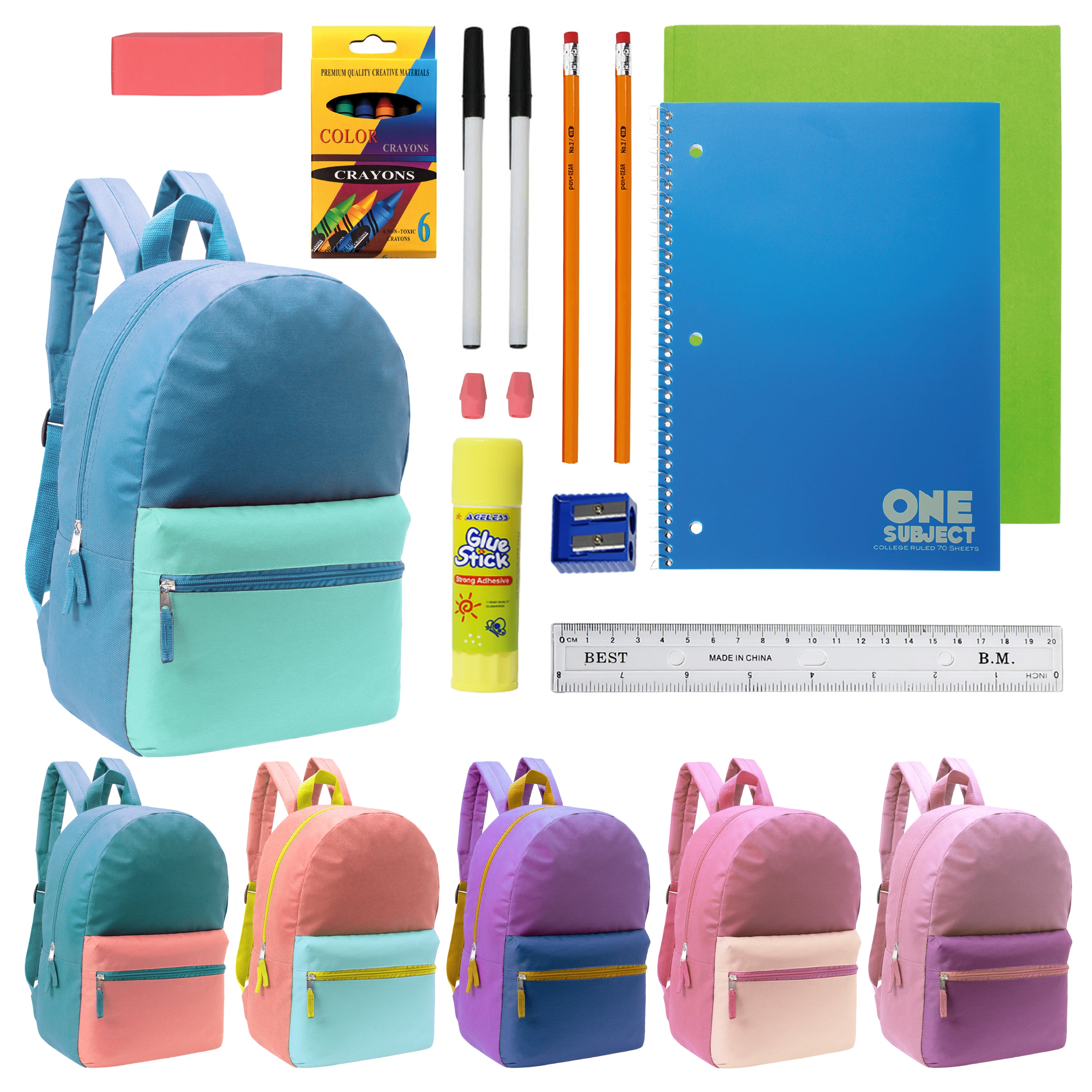 12 Wholesale Multi Color Student Backpacks in Assorted Colors and 12 Bulk School Supply Kits of Your Choice