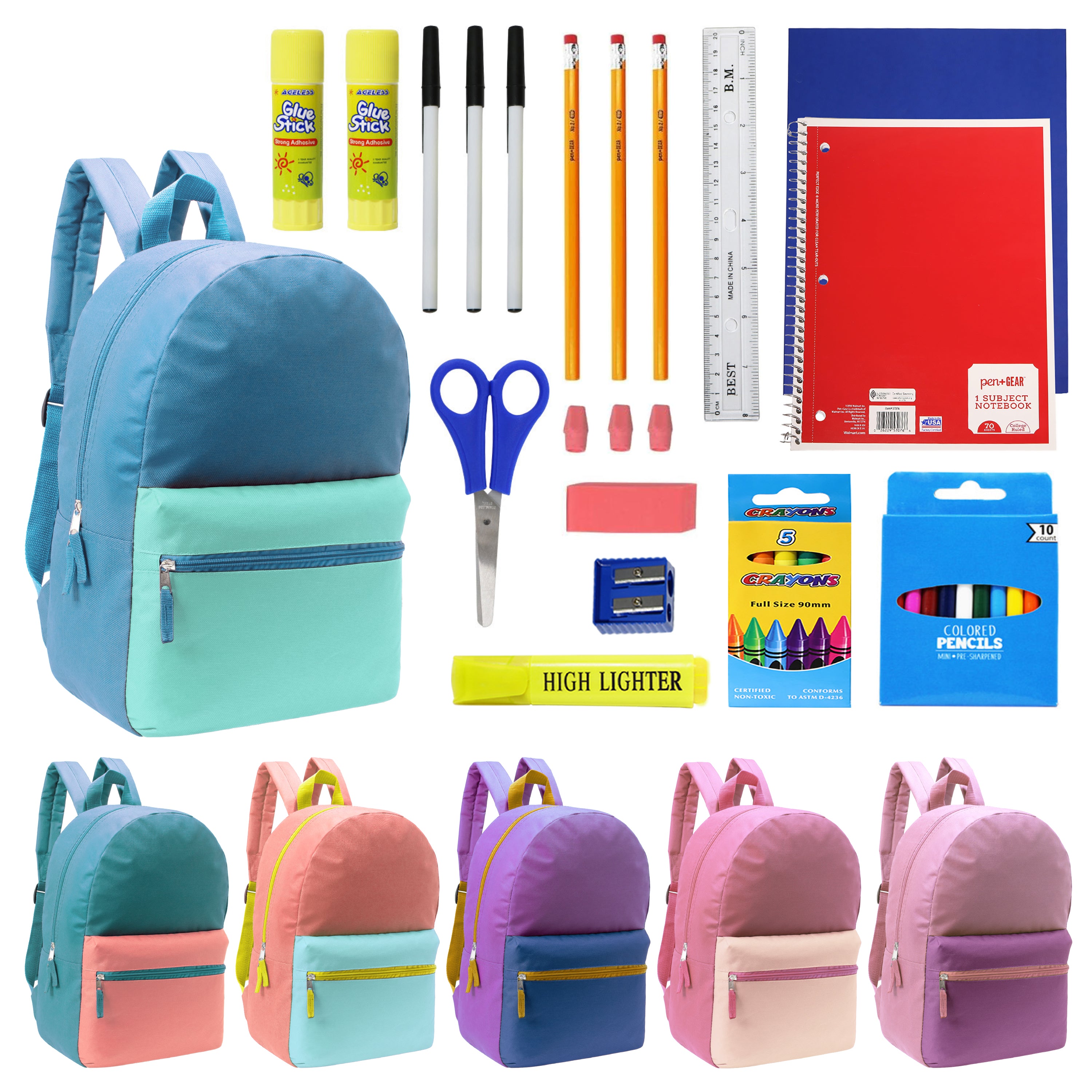 12 Wholesale Multi Color Student Backpacks in Assorted Colors and 12 Bulk School Supply Kits of Your Choice