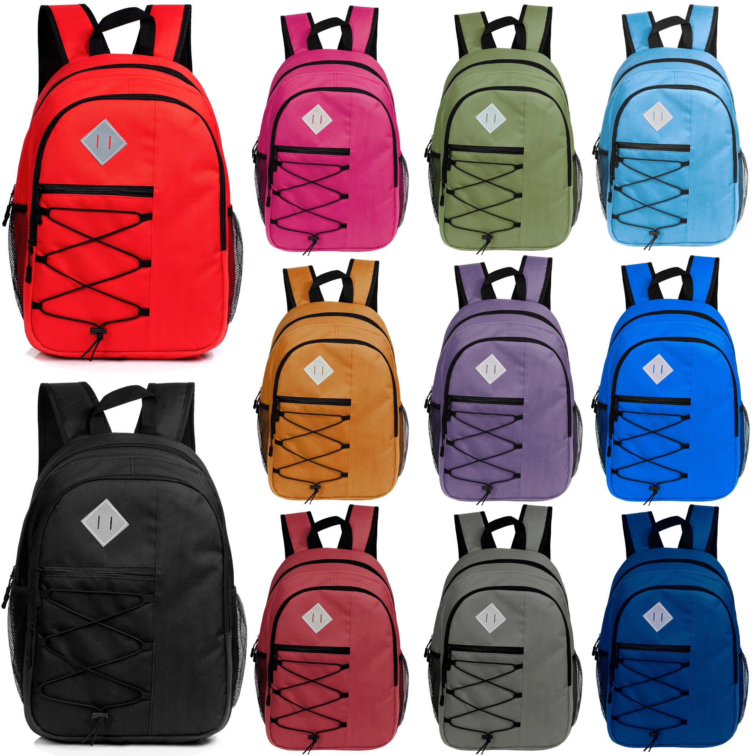 18" Deluxe Bungee Wholesale Backpack with Laptop Pocket & Padded Back - Bulk Case of 24