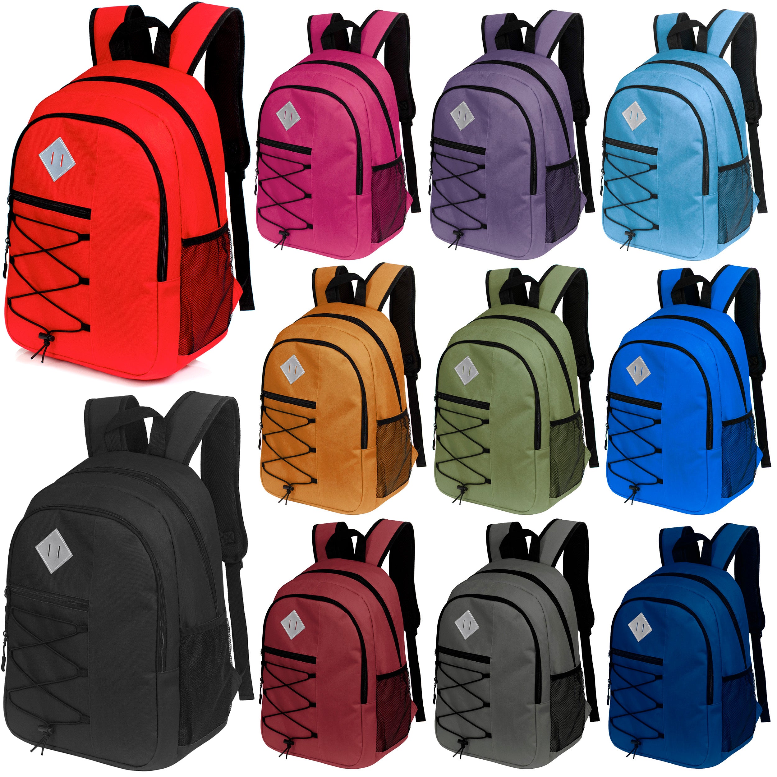 18" Deluxe Bungee Wholesale Backpack with Laptop Pocket & Padded Back - Bulk Case of 24