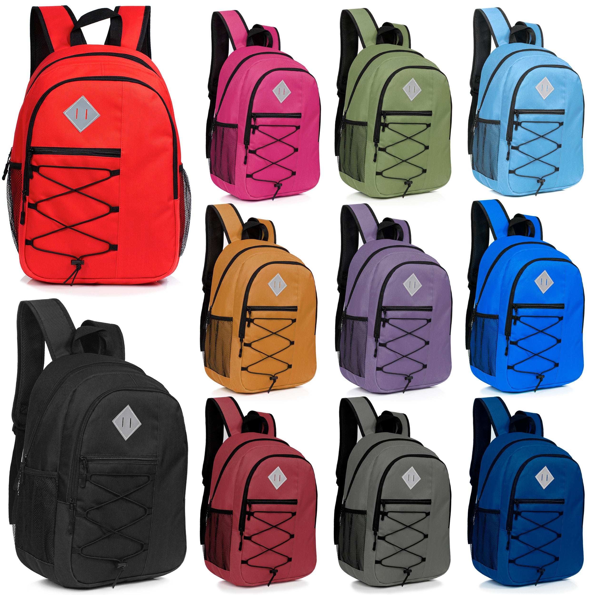 18" Deluxe Bungee Wholesale Backpack with Laptop Pocket & Padded Back - Bulk Case of 24