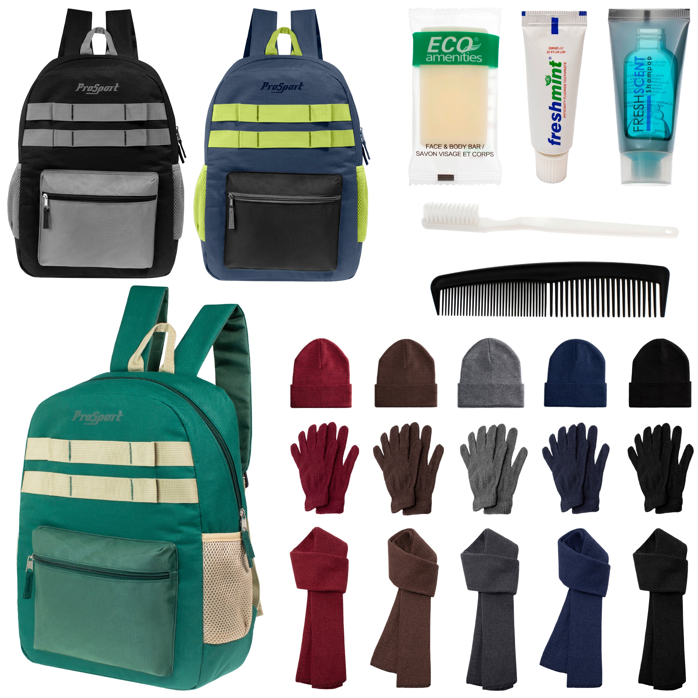 12 Durable 17" Multi- Color Backpacks, 12 Winter Item Sets & Your Choice of 12 Bulk Hygiene Kits - Wholesale Homeless Care Package