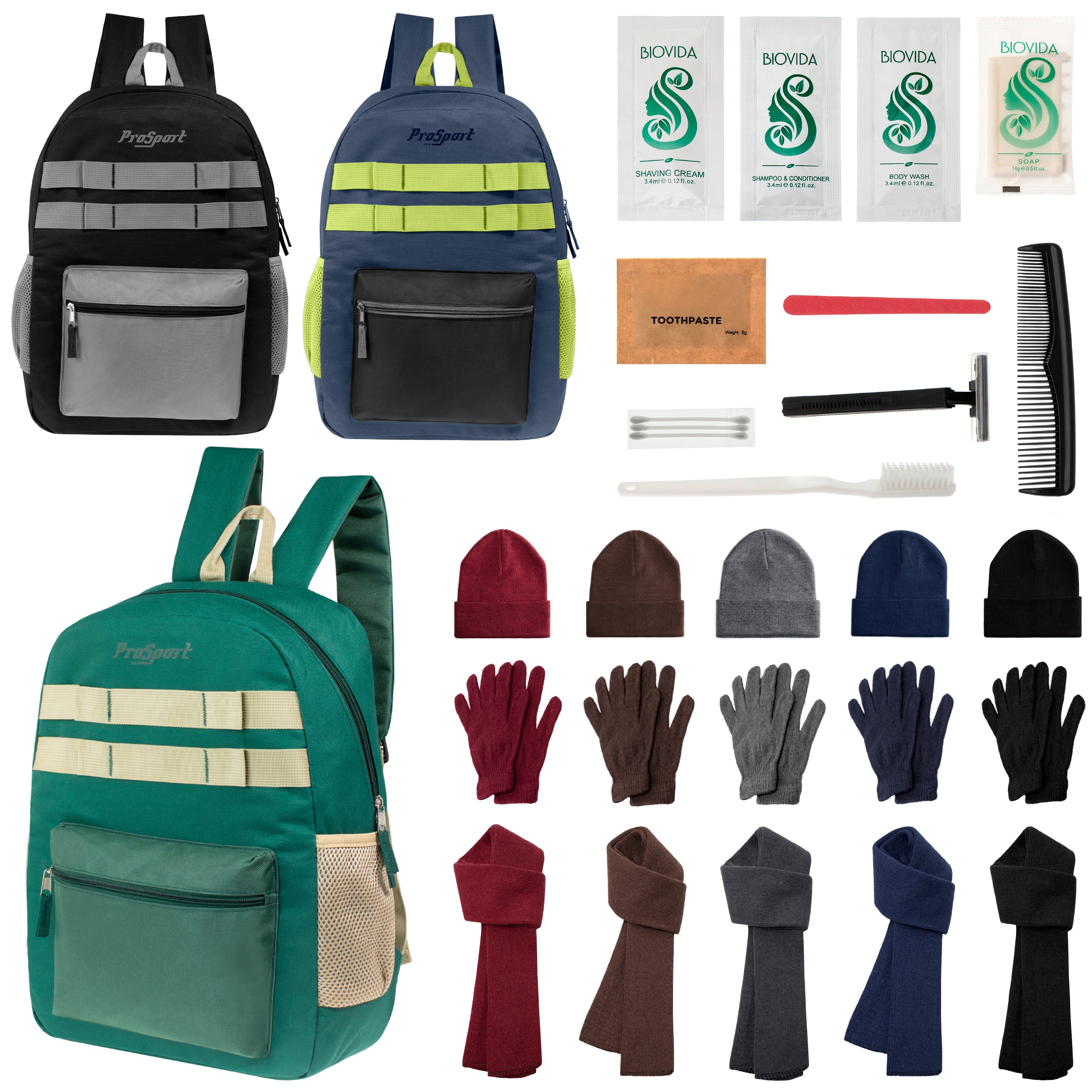 12 Durable 17" Multi- Color Backpacks, 12 Winter Item Sets & Your Choice of 12 Bulk Hygiene Kits - Wholesale Homeless Care Package