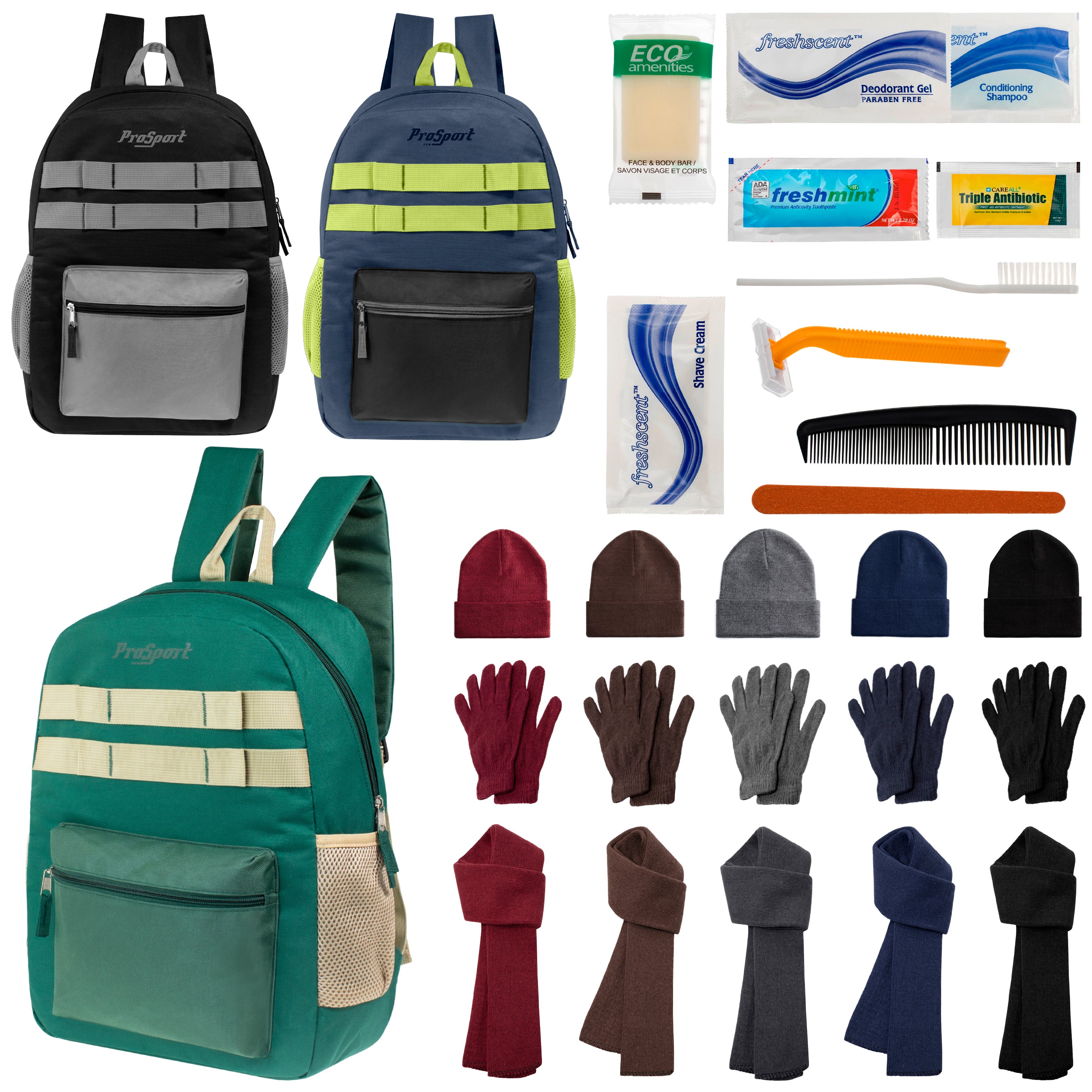 12 Durable 17" Multi- Color Backpacks, 12 Winter Item Sets & Your Choice of 12 Bulk Hygiene Kits - Wholesale Homeless Care Package