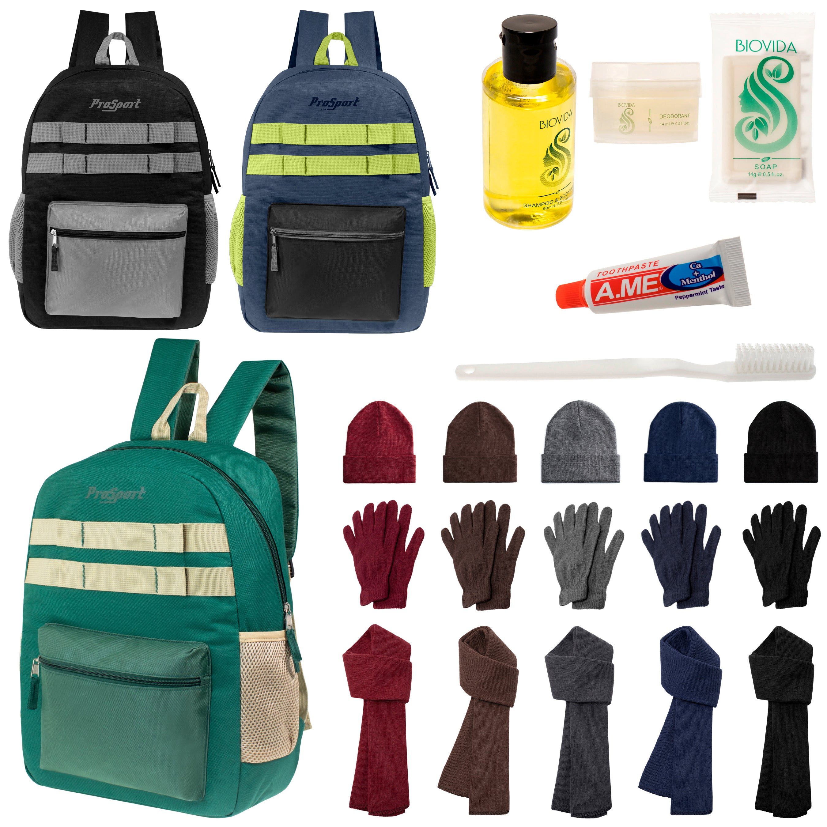 12 Durable 17" Multi- Color Backpacks, 12 Winter Item Sets & Your Choice of 12 Bulk Hygiene Kits - Wholesale Homeless Care Package