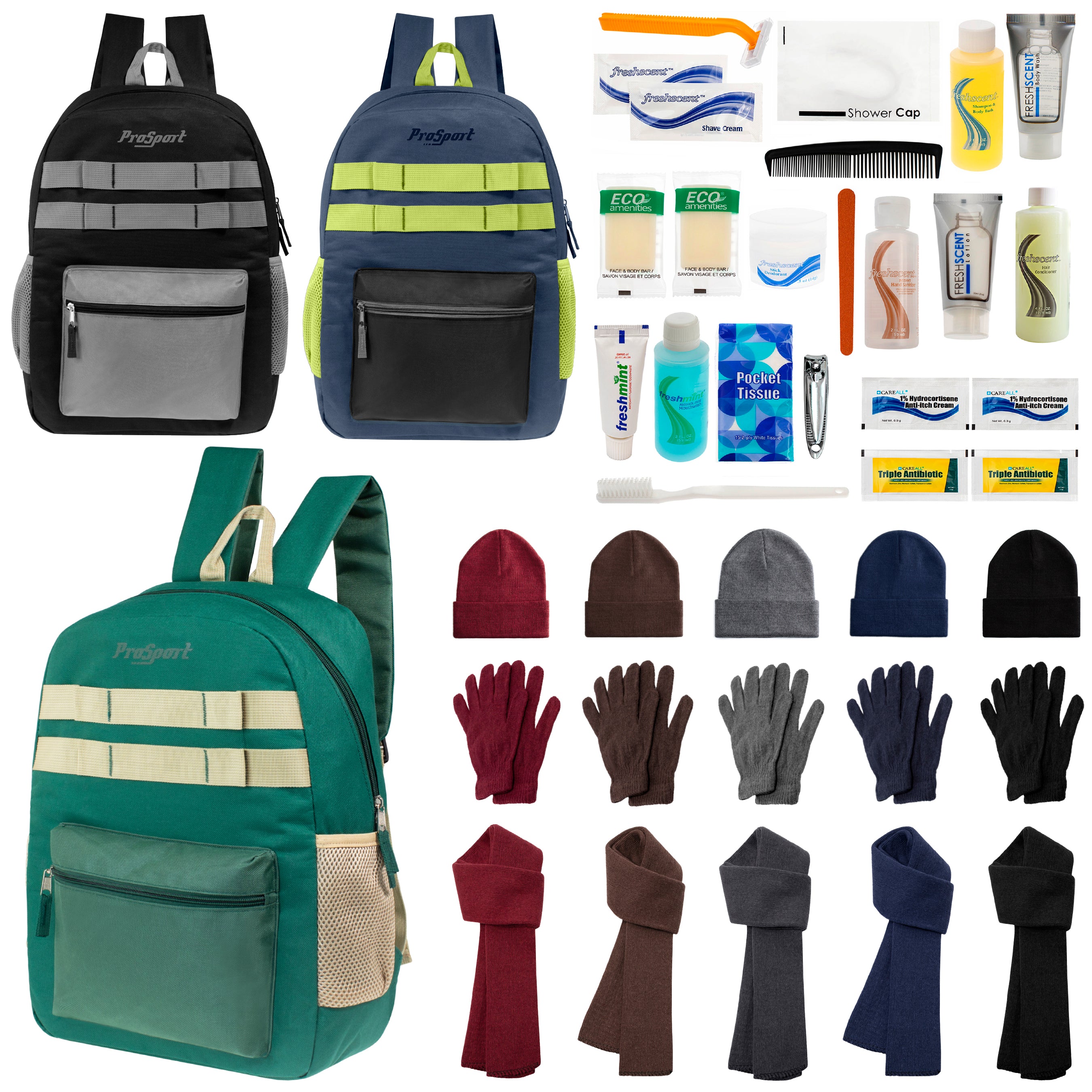 12 Durable 17" Multi- Color Backpacks, 12 Winter Item Sets & Your Choice of 12 Bulk Hygiene Kits - Wholesale Homeless Care Package