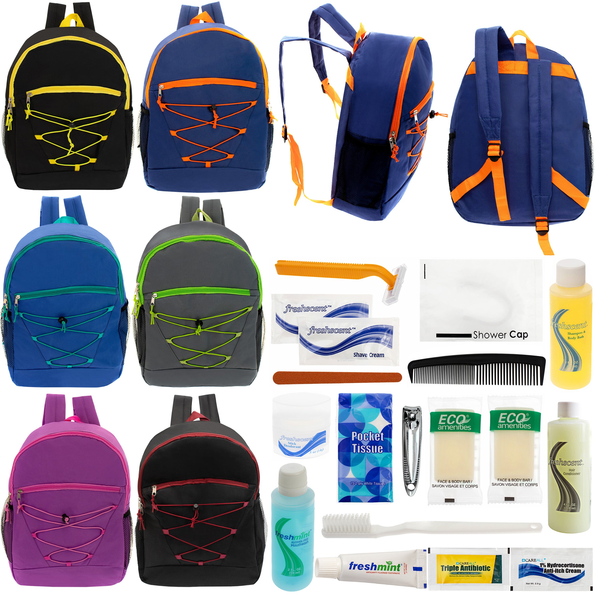 12 Bungee 17" Backpacks in 6 Colors & Your Choice of 12 Bulk Hygiene Kits - Wholesale Care Package: Homeless, Emergency, Charity