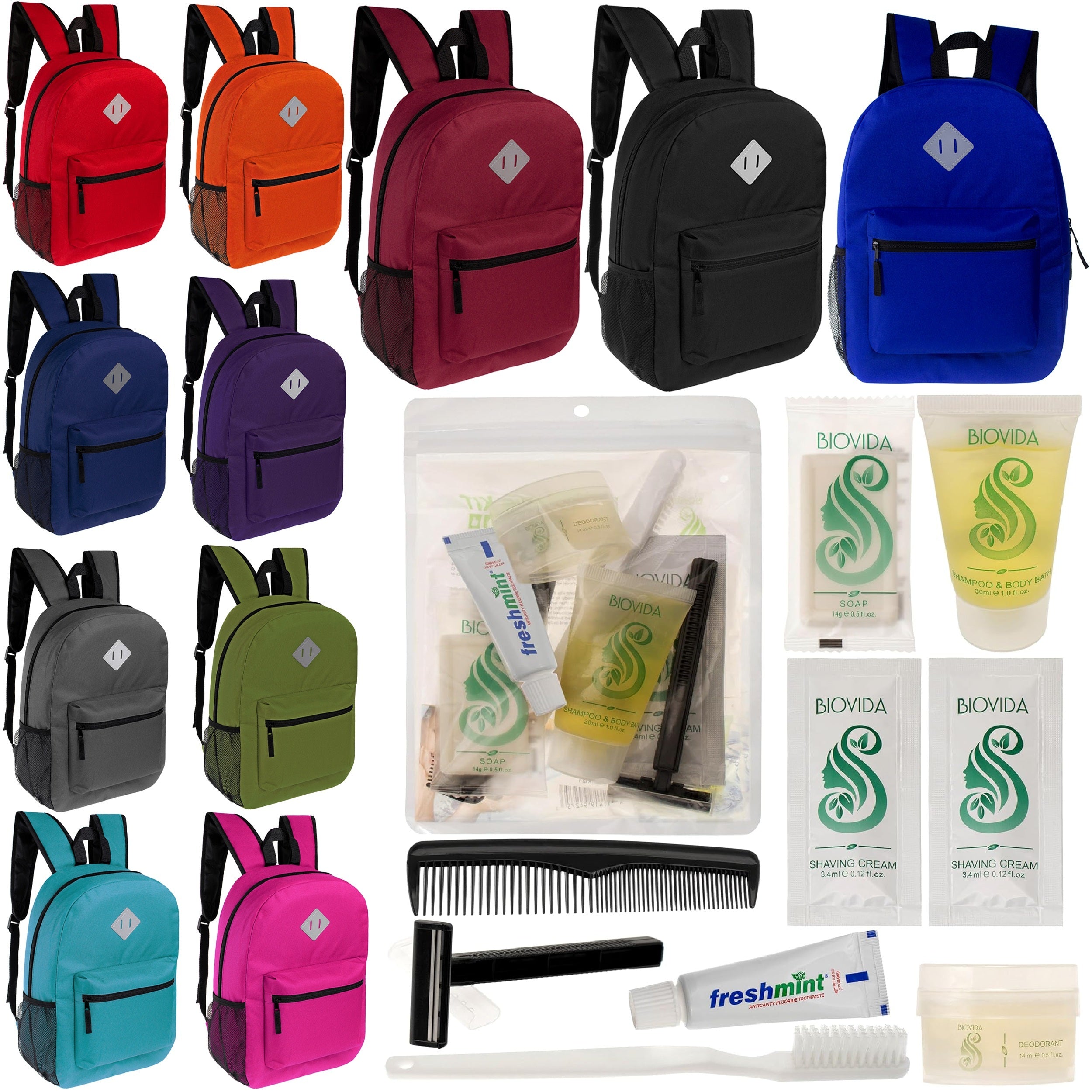 12 Diamond Patch 17" Backpacks in 11 Colors & Your Choice of 12 Bulk Hygiene Kits - Wholesale Care Package: Homeless, Emergency, Charity