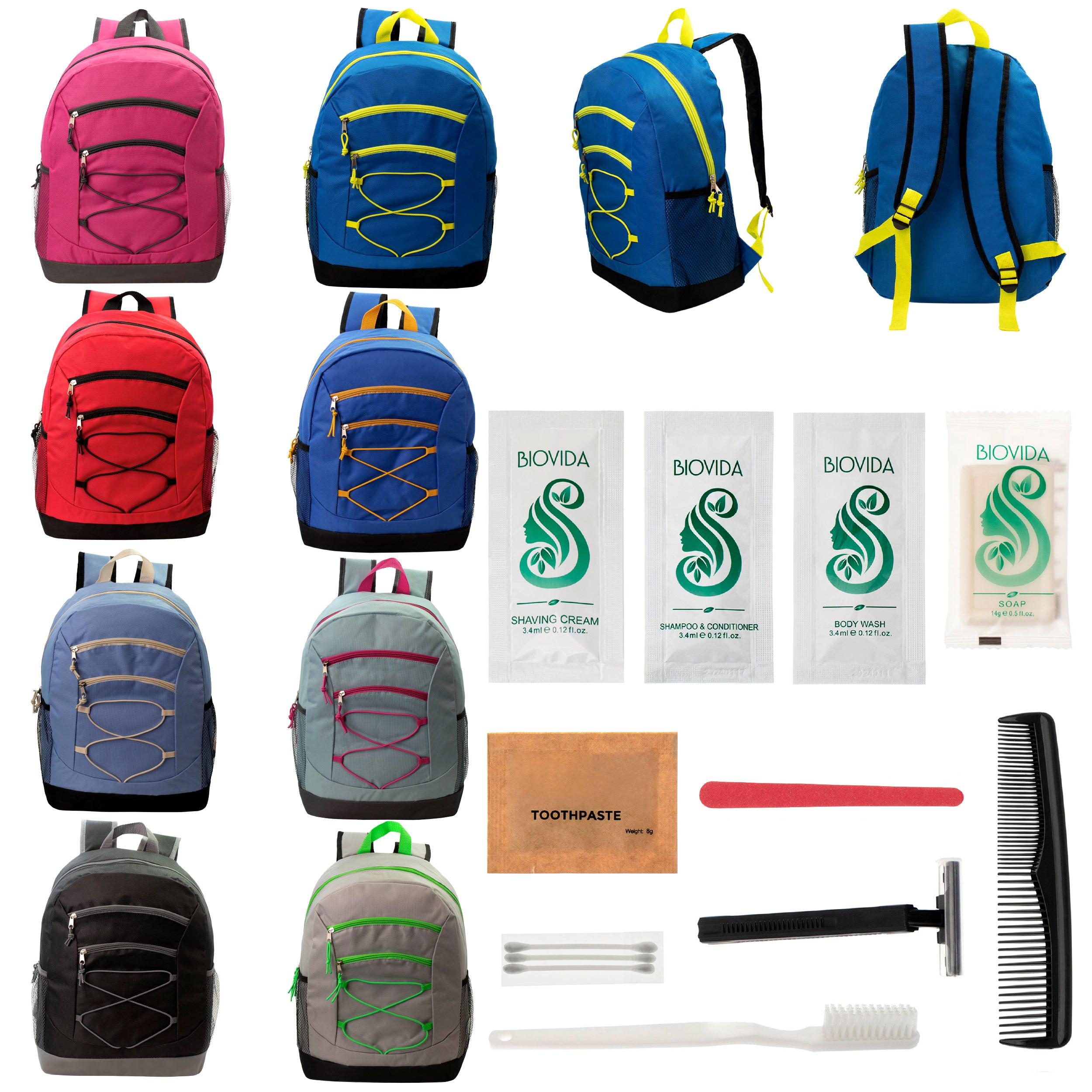 12 Bungee 17" Backpacks in 8 Colors & Your Choice of 12 Bulk Hygiene Kits - Wholesale Care Package: Homeless, Emergency, Charity