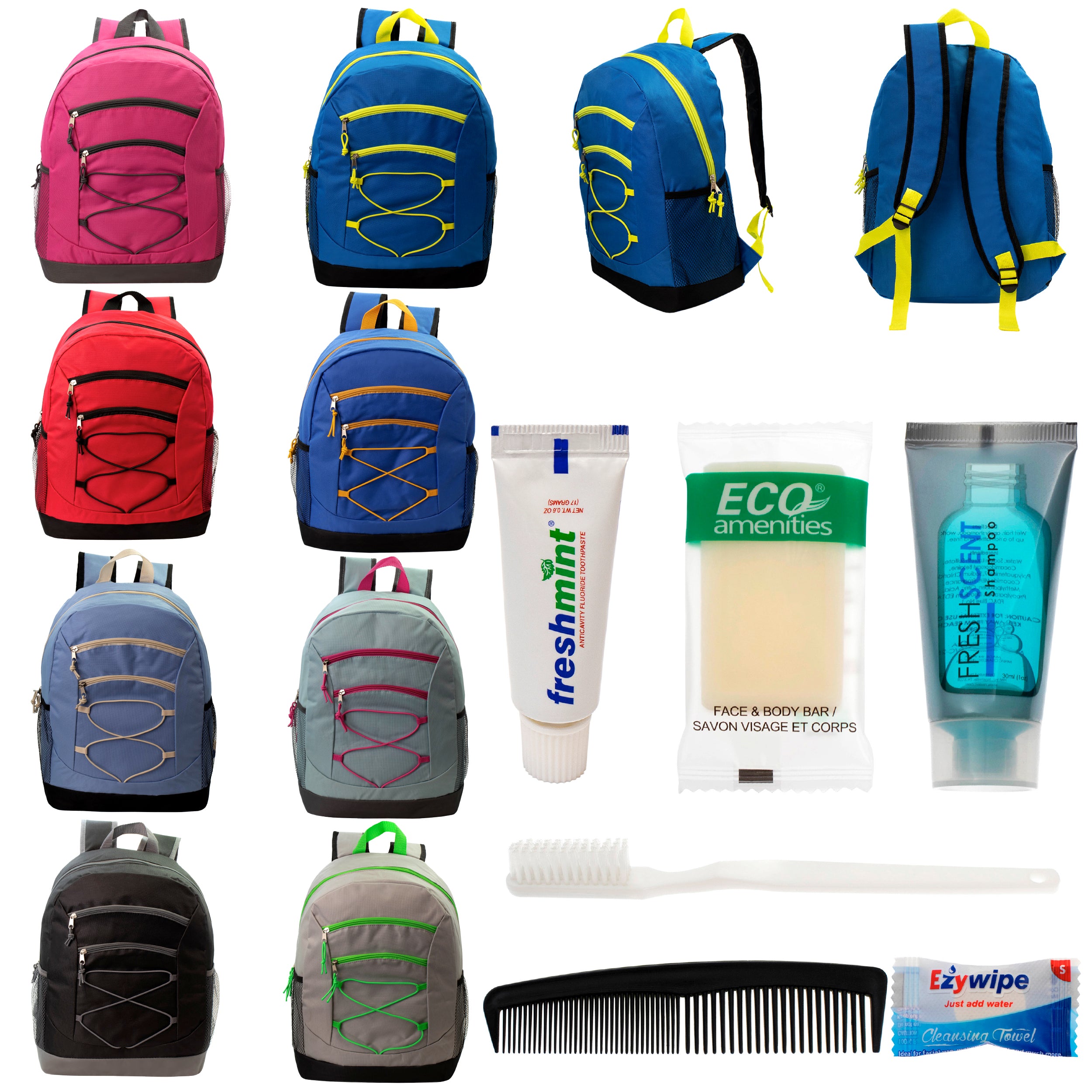 12 Bungee 17" Backpacks in 8 Colors & Your Choice of 12 Bulk Hygiene Kits - Wholesale Care Package: Homeless, Emergency, Charity