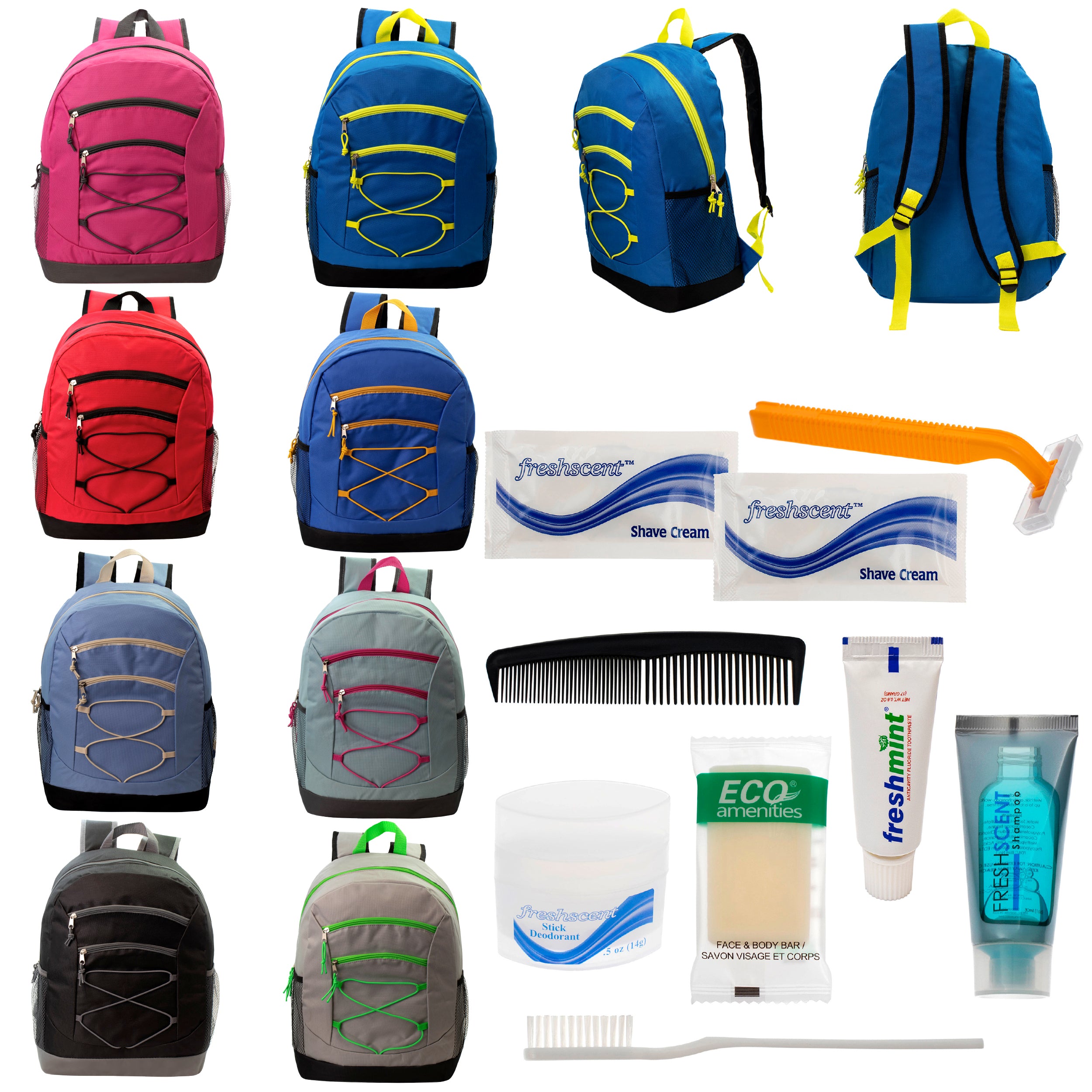 12 Bungee 17" Backpacks in 8 Colors & Your Choice of 12 Bulk Hygiene Kits - Wholesale Care Package: Homeless, Emergency, Charity