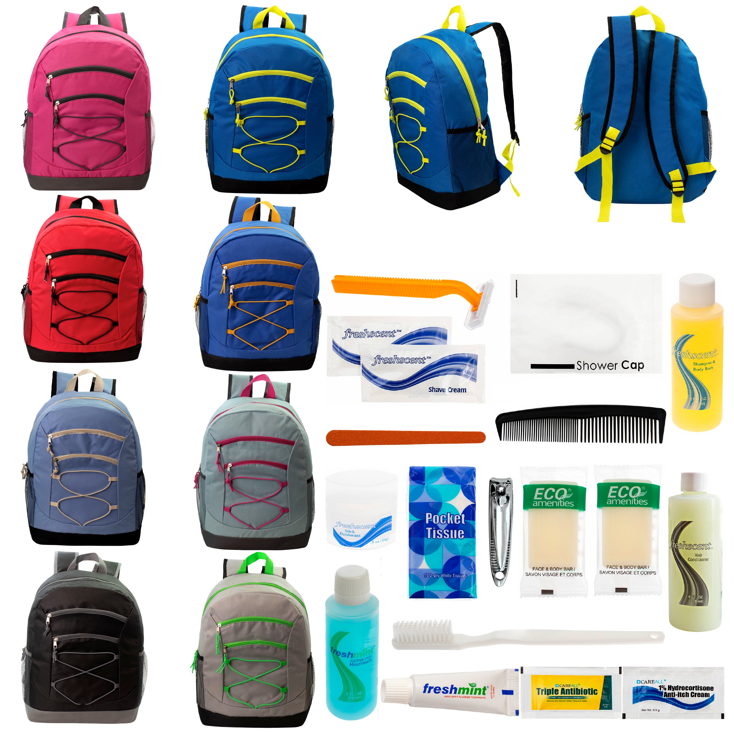 12 Bungee 17" Backpacks in 8 Colors & Your Choice of 12 Bulk Hygiene Kits - Wholesale Care Package: Homeless, Emergency, Charity