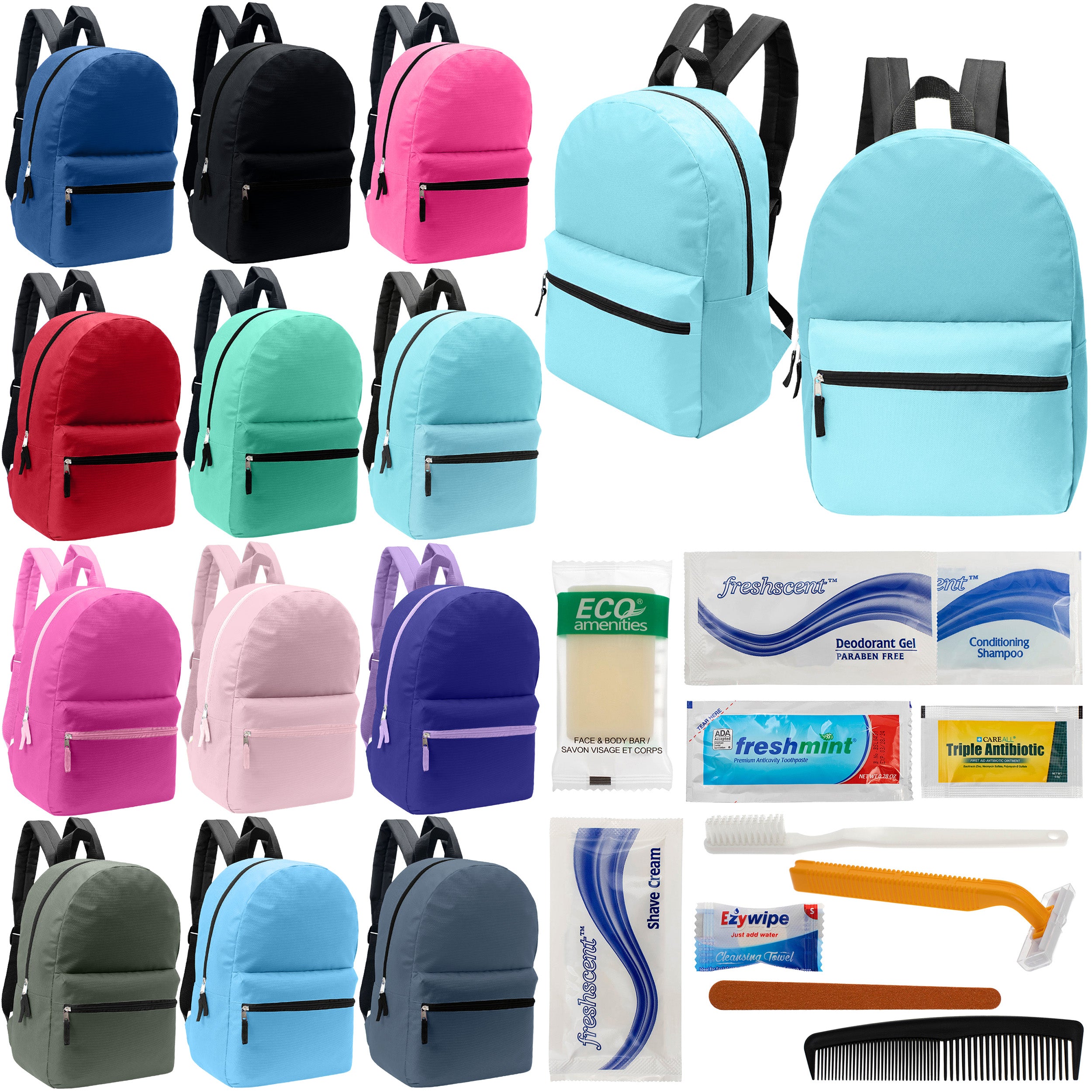 12 Basic 17" Backpacks in 12 Assorted Colors & Your Choice of 12 Bulk Hygiene Kits - Wholesale Care Package: Homeless, Emergency, Charity