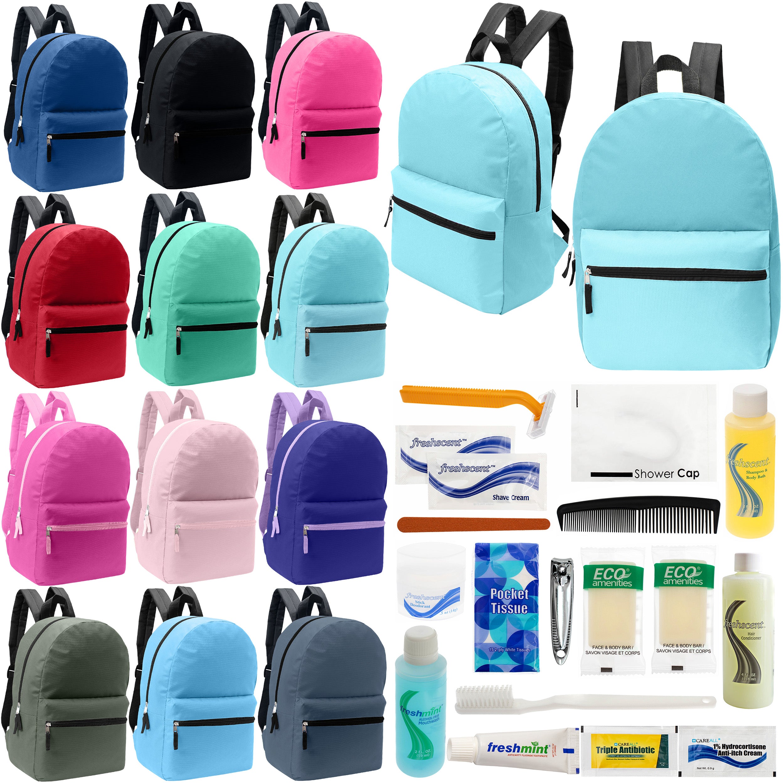 12 Basic 17" Backpacks in 12 Assorted Colors & Your Choice of 12 Bulk Hygiene Kits - Wholesale Care Package: Homeless, Emergency, Charity