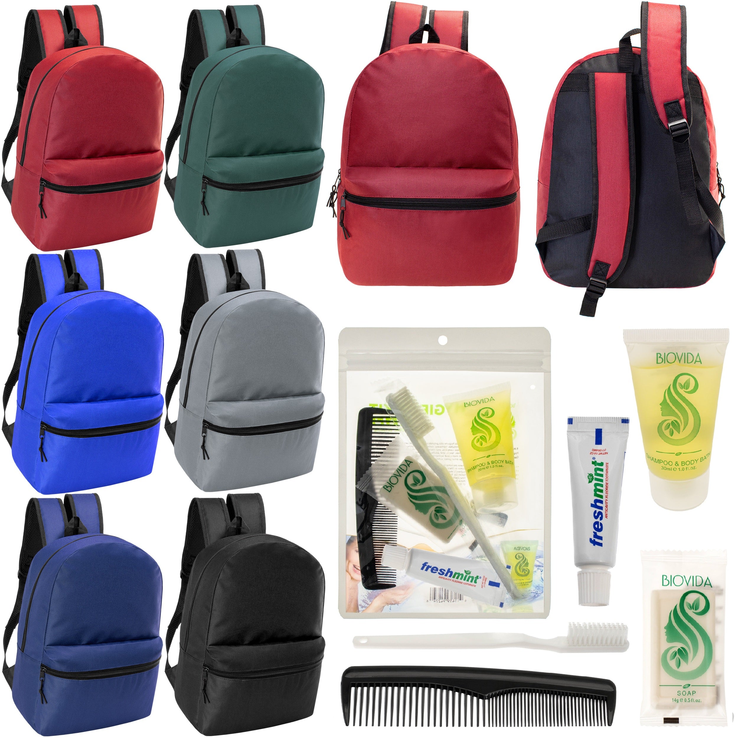 12 17" Classic Backpacks in 6 Assorted Colors & Your Choice of 12 Bulk Hygiene Kits - Wholesale Care Package: Homeless, Emergency, Charity