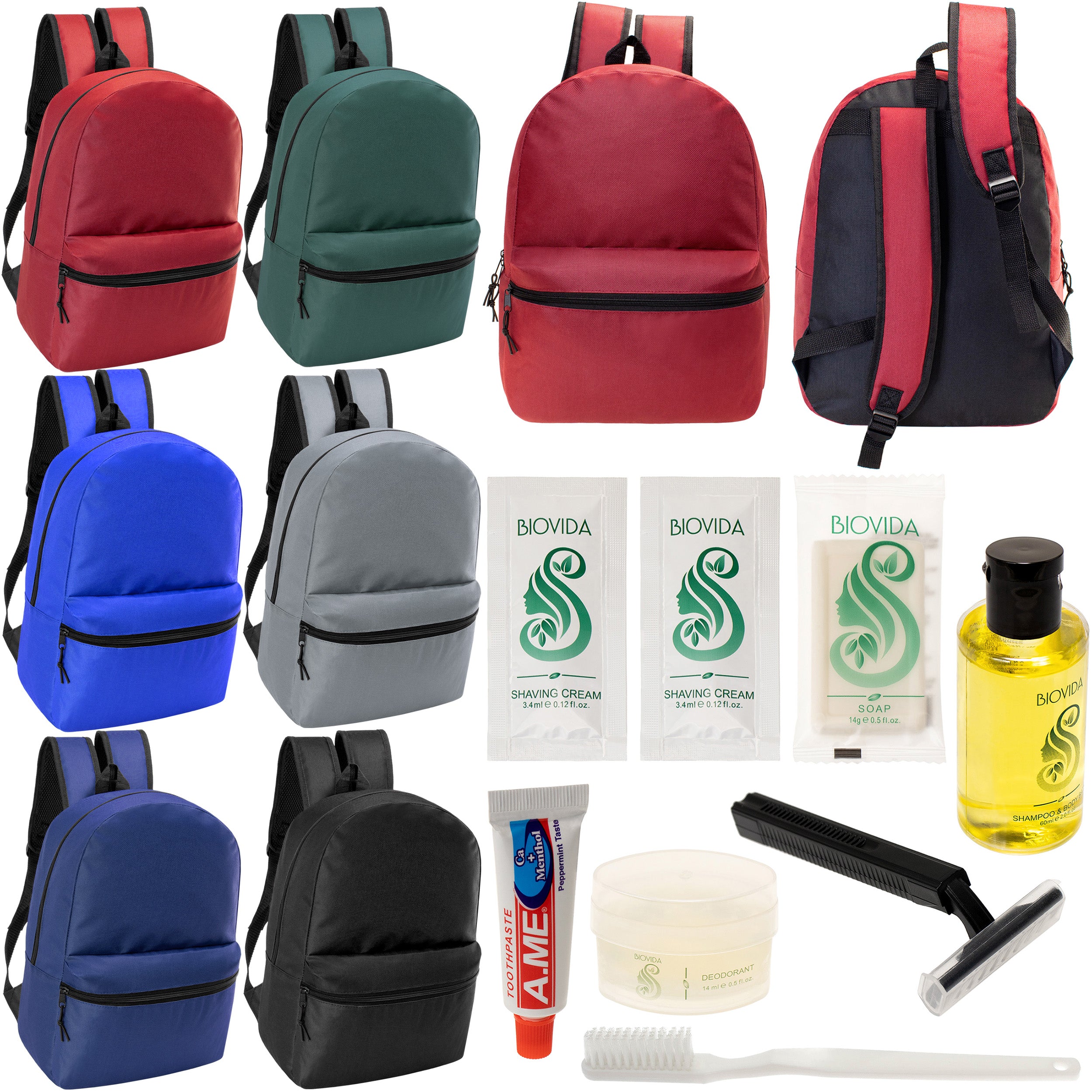 12 17" Classic Backpacks in 6 Assorted Colors & Your Choice of 12 Bulk Hygiene Kits - Wholesale Care Package: Homeless, Emergency, Charity