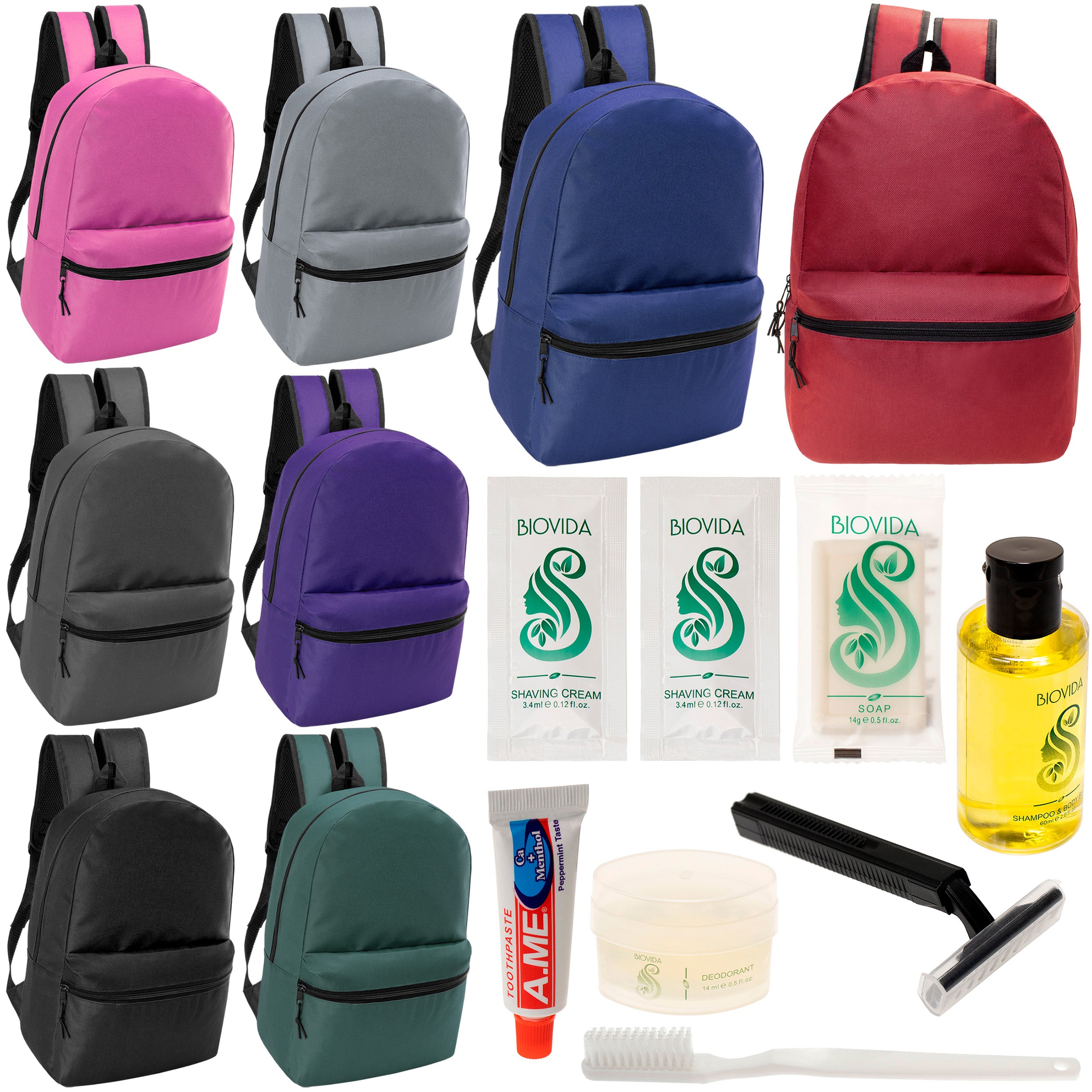 12 17" Classic Backpacks in 8 Assorted Colors & Your Choice of 12 Bulk Hygiene Kits - Wholesale Care Package: Homeless, Emergency, Charity