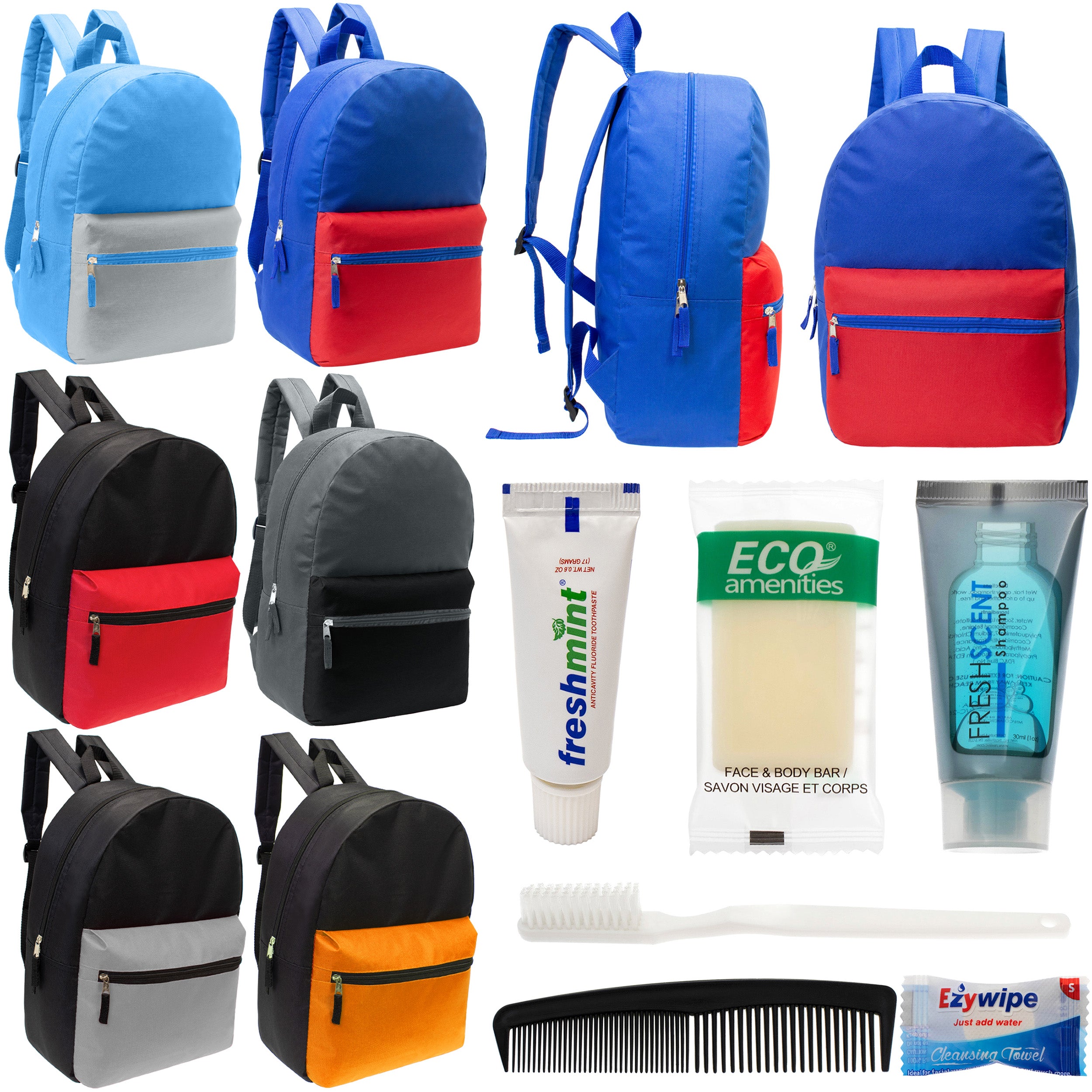 12 17" Classic Backpacks in 6 Two Tone Colors & Your Choice of 12 Bulk Hygiene Kits - Wholesale Care Package: Homeless, Emergency, Charity