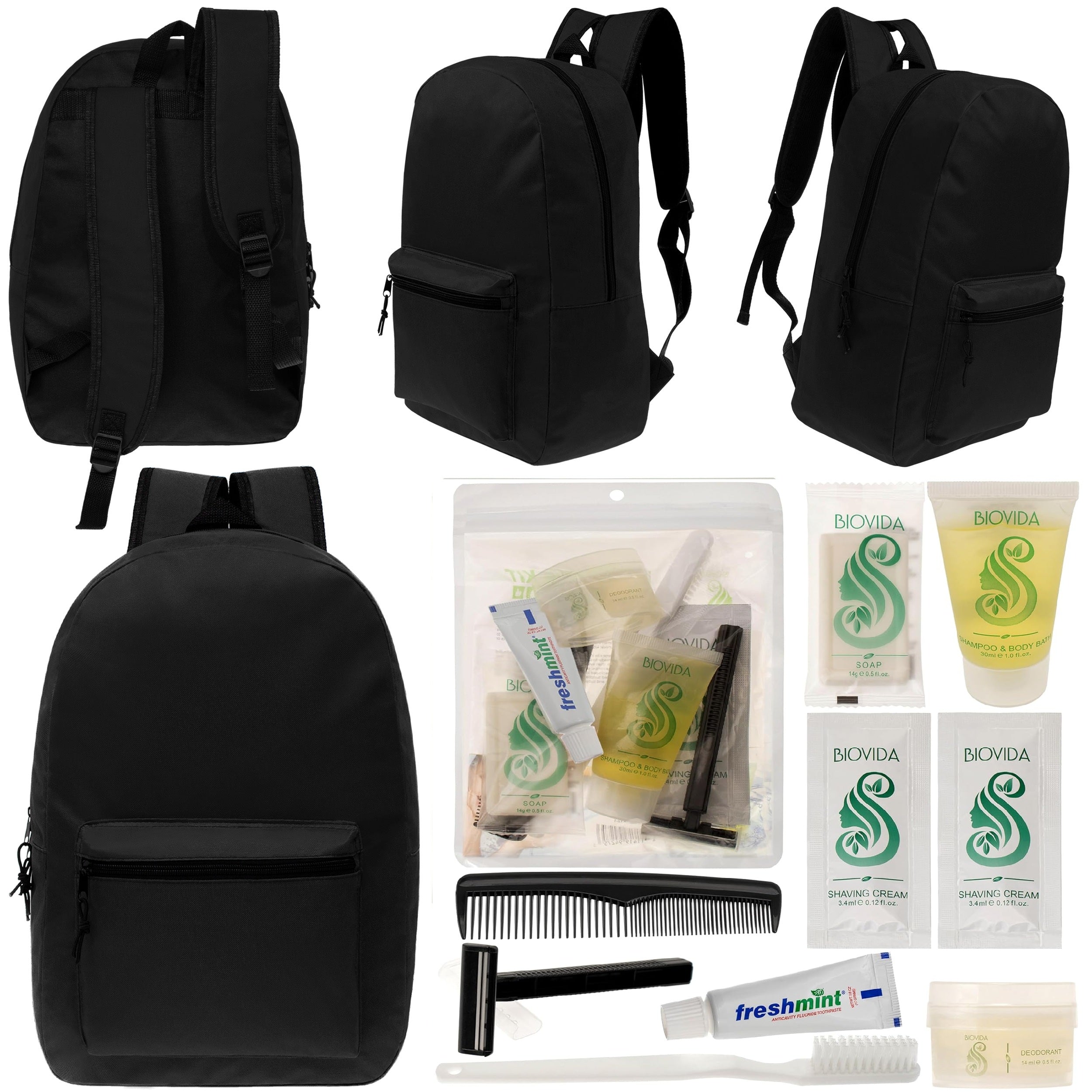 12 Black 17" Classic Backpacks & Your Choice of 12 Bulk Hygiene Kits - Wholesale Care Package: Homeless, Emergency, Charity