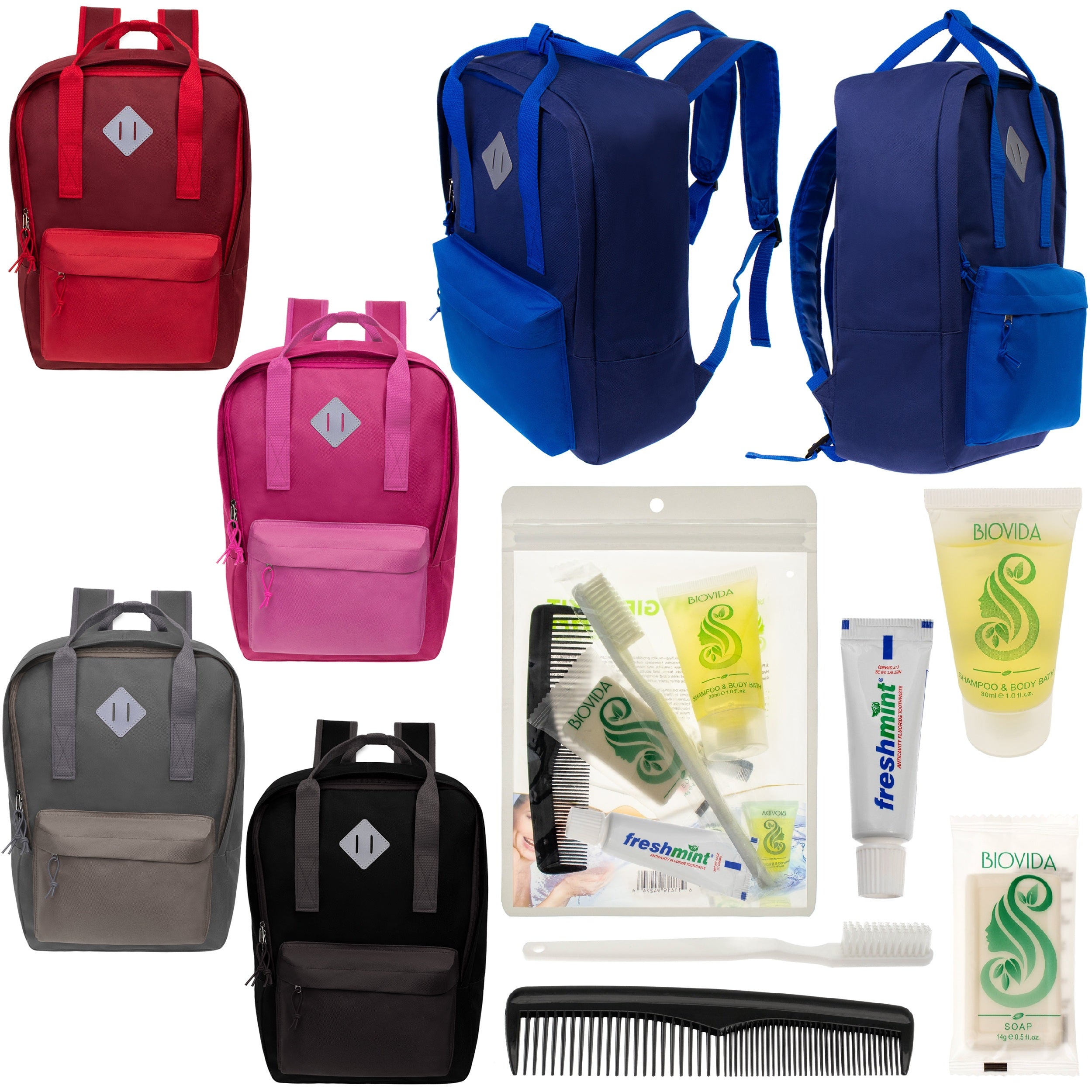 12 Multi Color Diamond Patch Backpacks & Your Choice of 12 Bulk Hygiene Kits - Wholesale Care Package: Homeless, Emergency, Charity