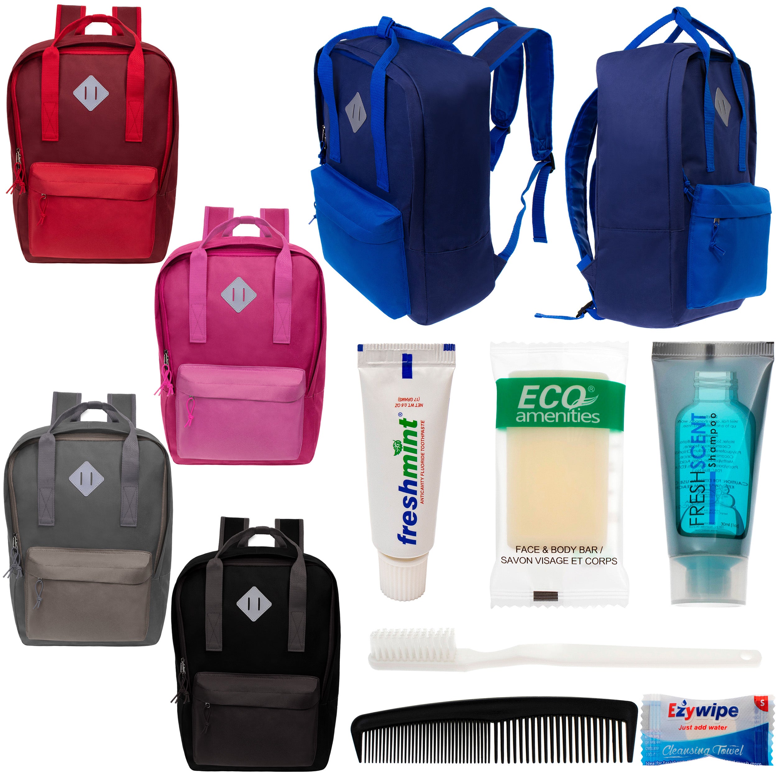 12 Multi Color Diamond Patch Backpacks & Your Choice of 12 Bulk Hygiene Kits - Wholesale Care Package: Homeless, Emergency, Charity