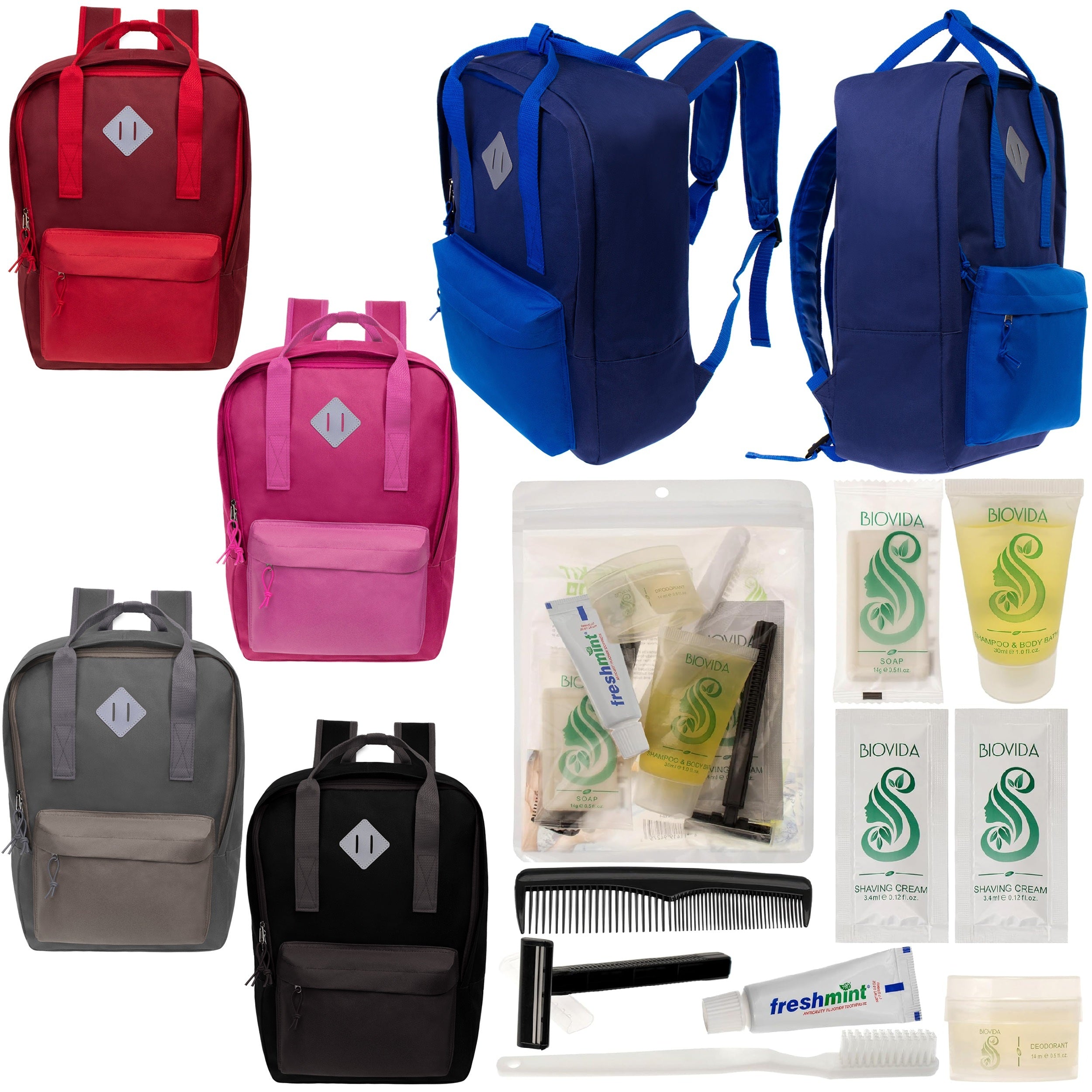 12 Multi Color Diamond Patch Backpacks & Your Choice of 12 Bulk Hygiene Kits - Wholesale Care Package: Homeless, Emergency, Charity