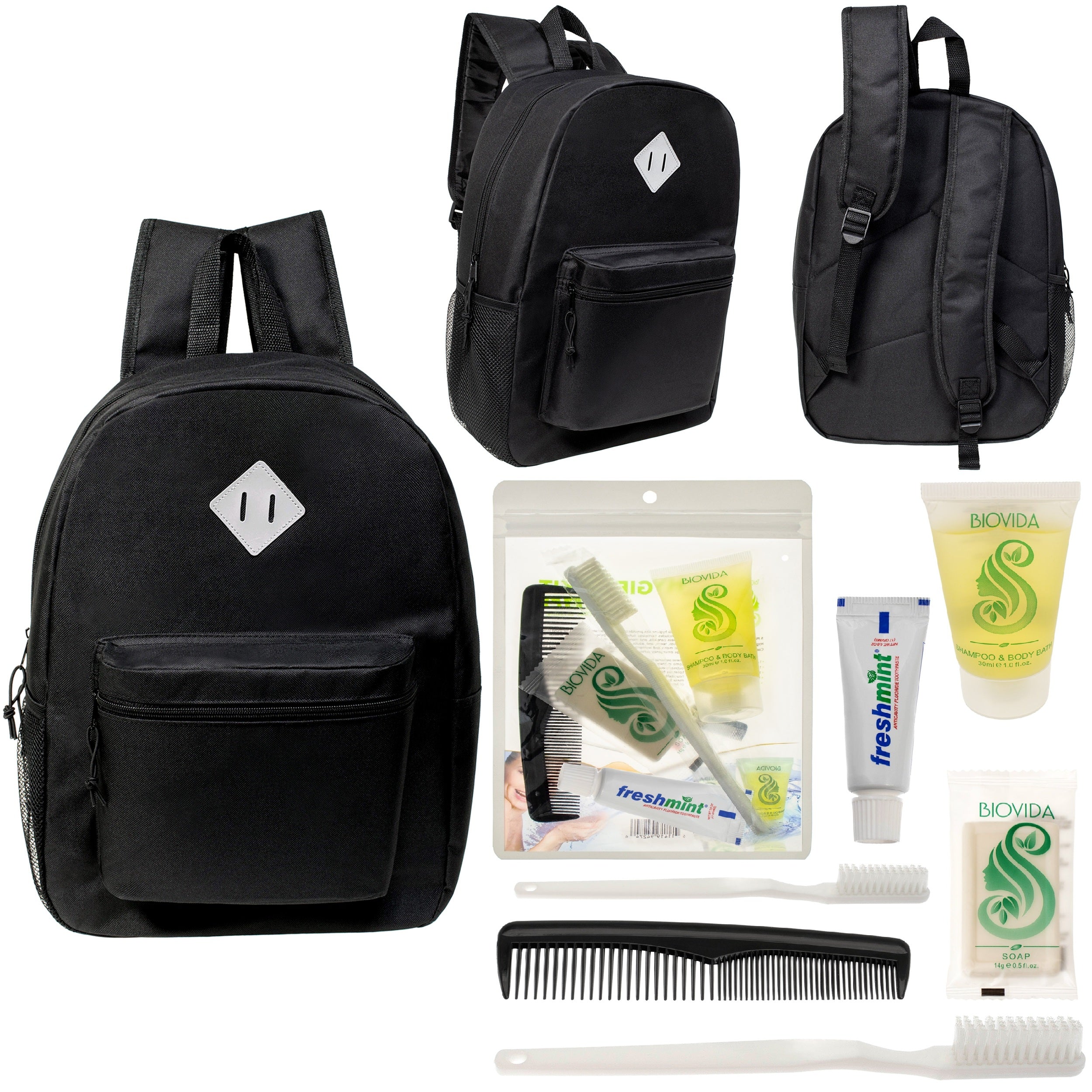 12 Black 17" Diamond Patch Backpacks & Your Choice of 12 Bulk Hygiene Kits - Wholesale Care Package: Homeless, Emergency, Charity