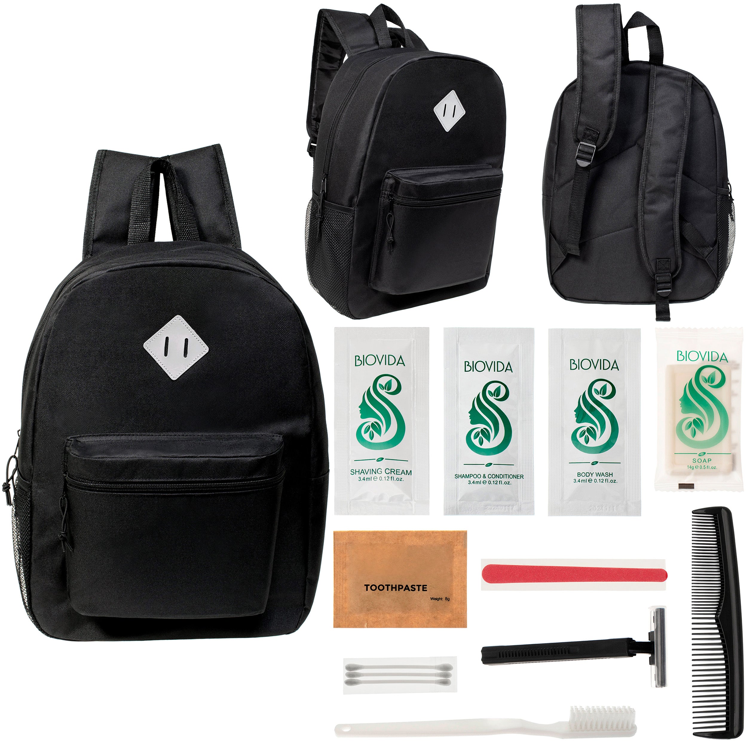 12 Black 17" Diamond Patch Backpacks & Your Choice of 12 Bulk Hygiene Kits - Wholesale Care Package: Homeless, Emergency, Charity