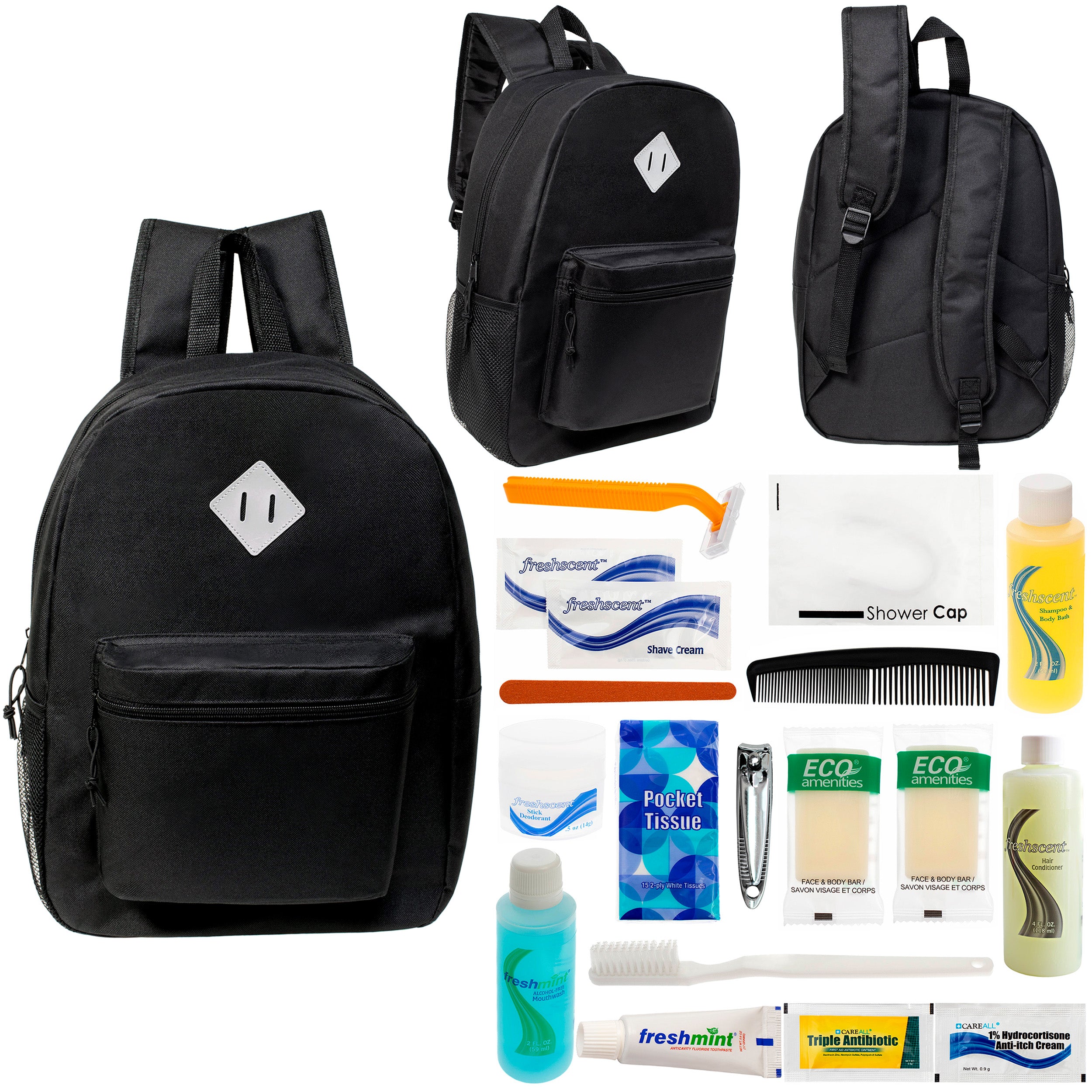 12 Black 17" Diamond Patch Backpacks & Your Choice of 12 Bulk Hygiene Kits - Wholesale Care Package: Homeless, Emergency, Charity