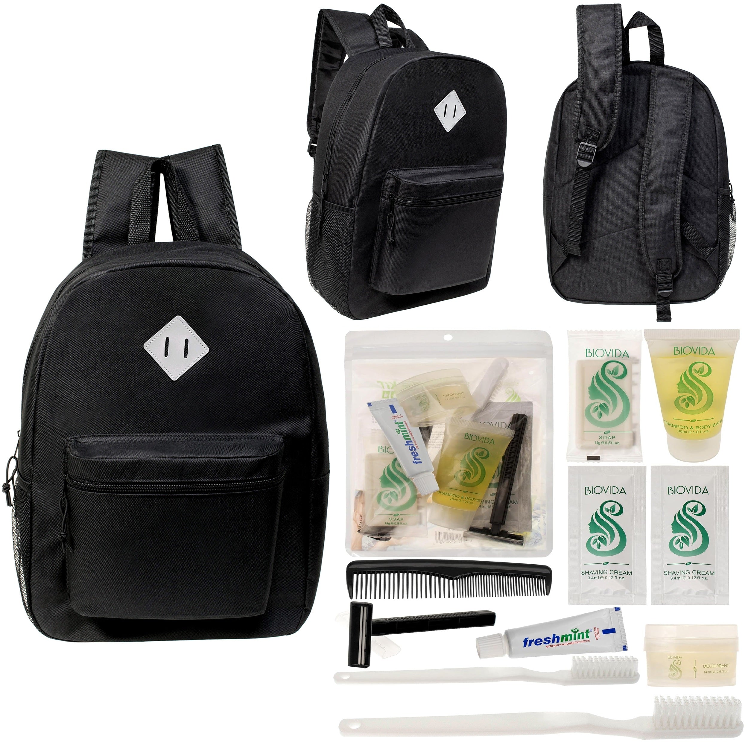 12 Black 17" Diamond Patch Backpacks & Your Choice of 12 Bulk Hygiene Kits - Wholesale Care Package: Homeless, Emergency, Charity