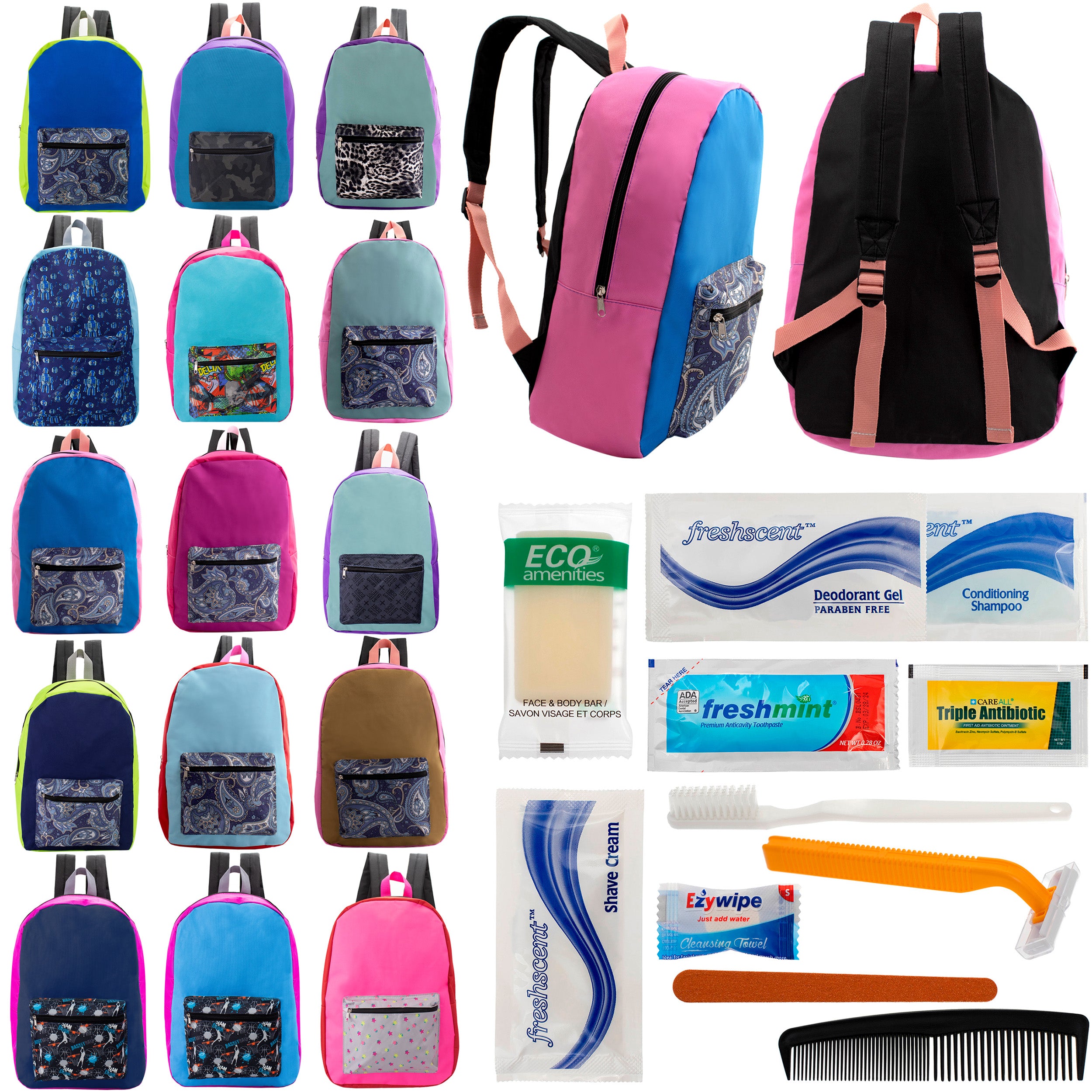 12 17" Backpacks in Assorted Random Prints & Your Choice of 12 Bulk Hygiene Kits - Wholesale Care Package: Homeless, Emergency, Charity