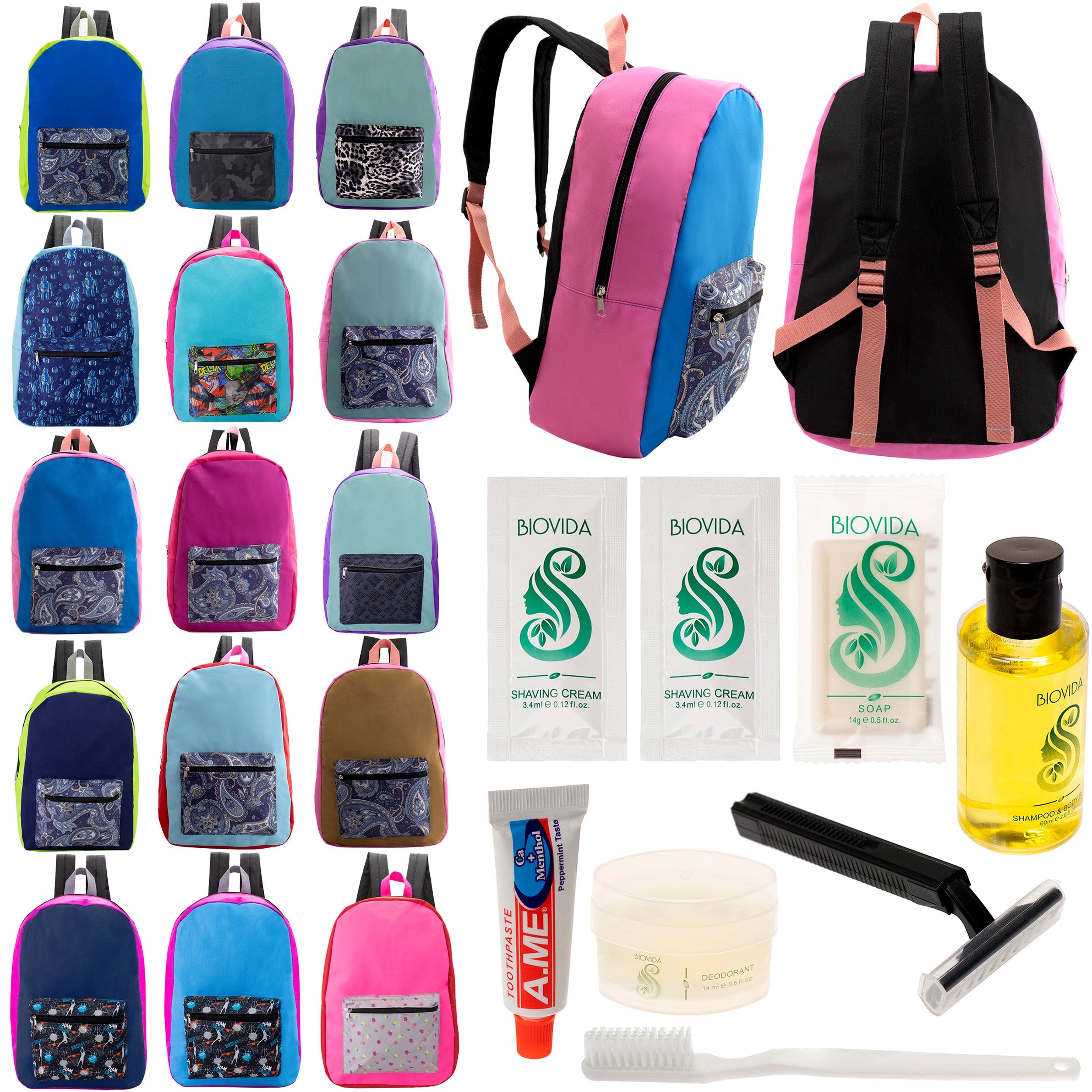 12 17" Backpacks in Assorted Random Prints & Your Choice of 12 Bulk Hygiene Kits - Wholesale Care Package: Homeless, Emergency, Charity