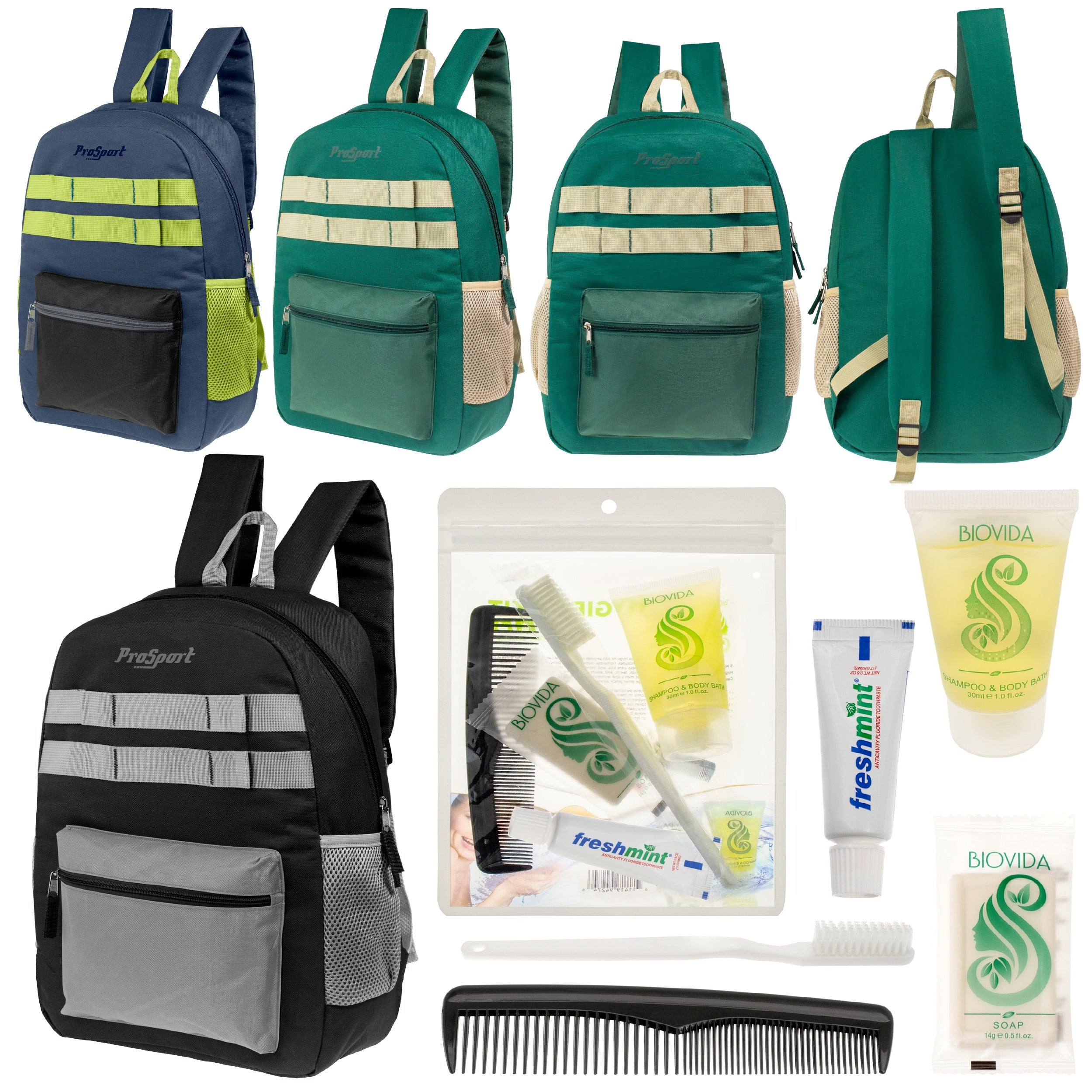 12 Multi-Color 17" Backpacks w/Accent Trim & Your Choice of 12 Bulk Hygiene Kits - Wholesale Care Package: Homeless, Emergency, Charity