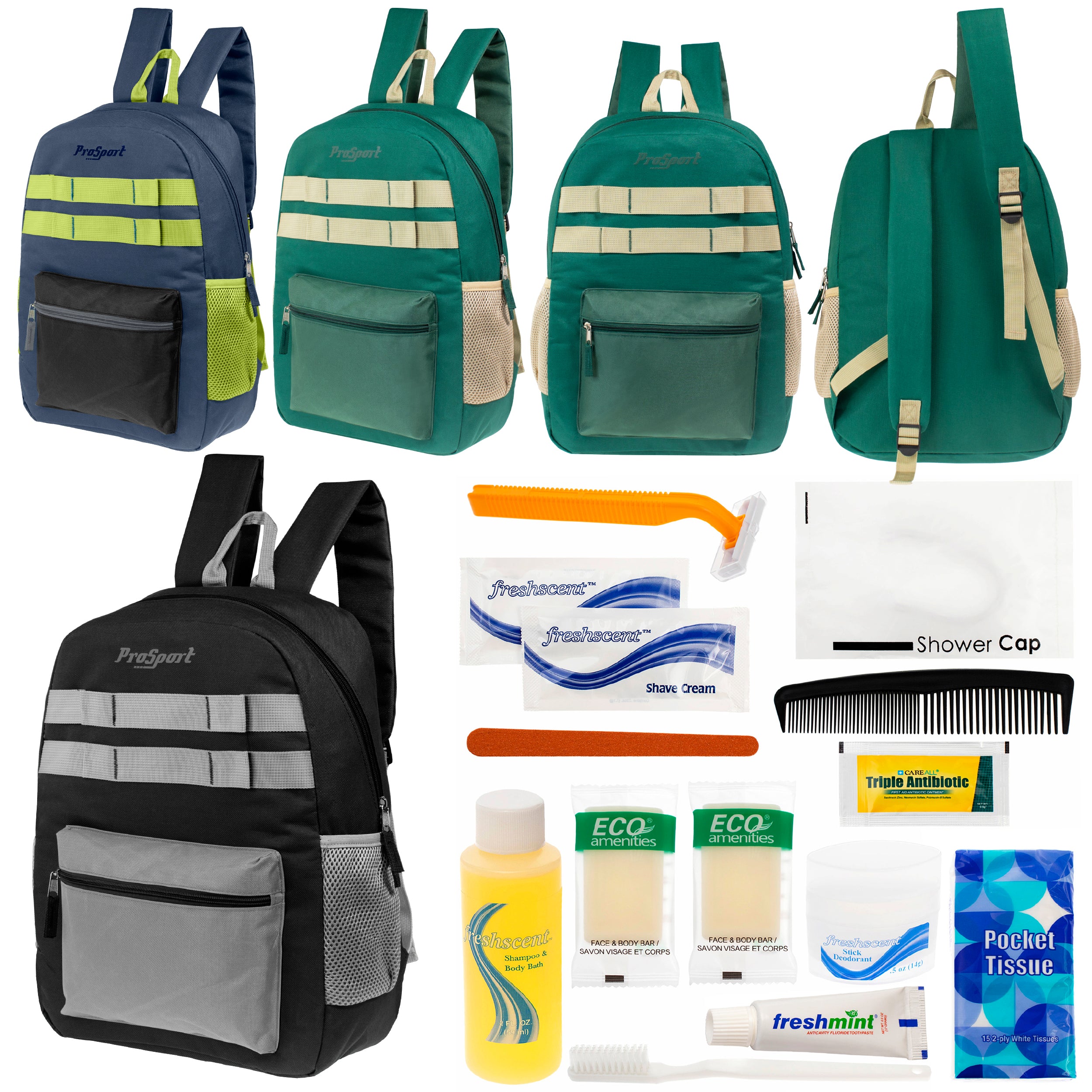 12 Multi-Color 17" Backpacks w/Accent Trim & Your Choice of 12 Bulk Hygiene Kits - Wholesale Care Package: Homeless, Emergency, Charity