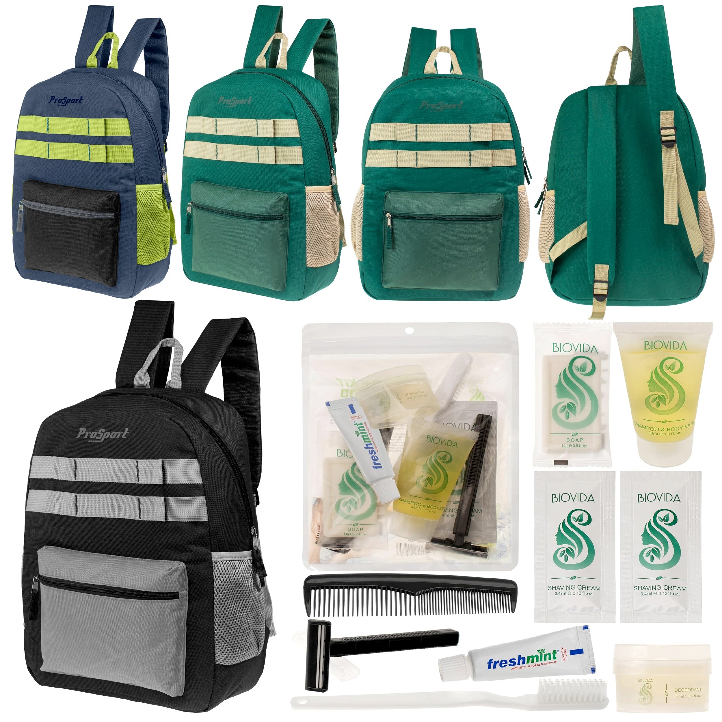 12 Multi-Color 17" Backpacks w/Accent Trim & Your Choice of 12 Bulk Hygiene Kits - Wholesale Care Package: Homeless, Emergency, Charity