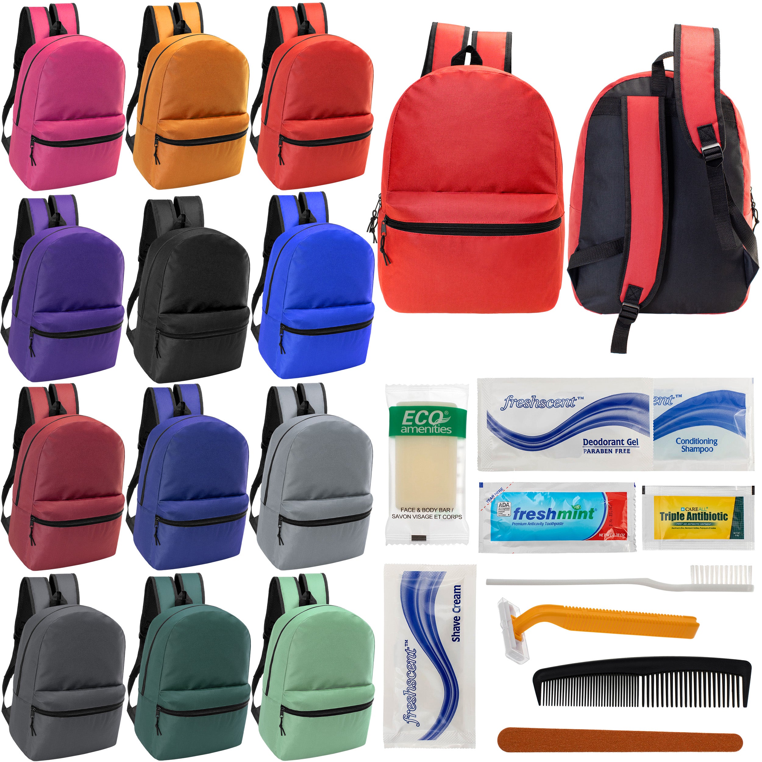 12 Basic 18.5" Backpacks in 12 Assorted Colors & Your Choice of 12 Bulk Hygiene Kits - Wholesale Care Package: Homeless, Emergency, Charity