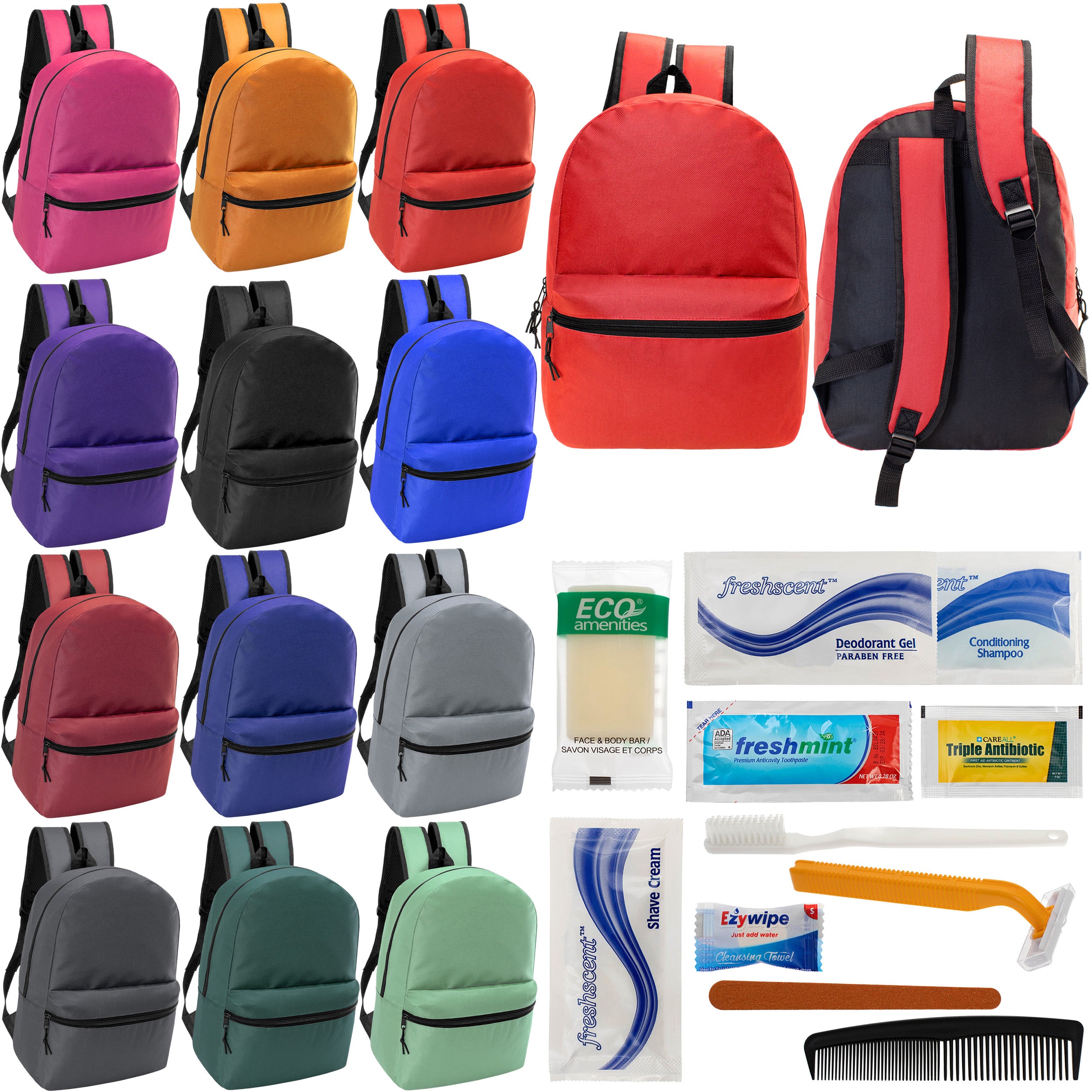 12 Basic 18.5" Backpacks in 12 Assorted Colors & Your Choice of 12 Bulk Hygiene Kits - Wholesale Care Package: Homeless, Emergency, Charity