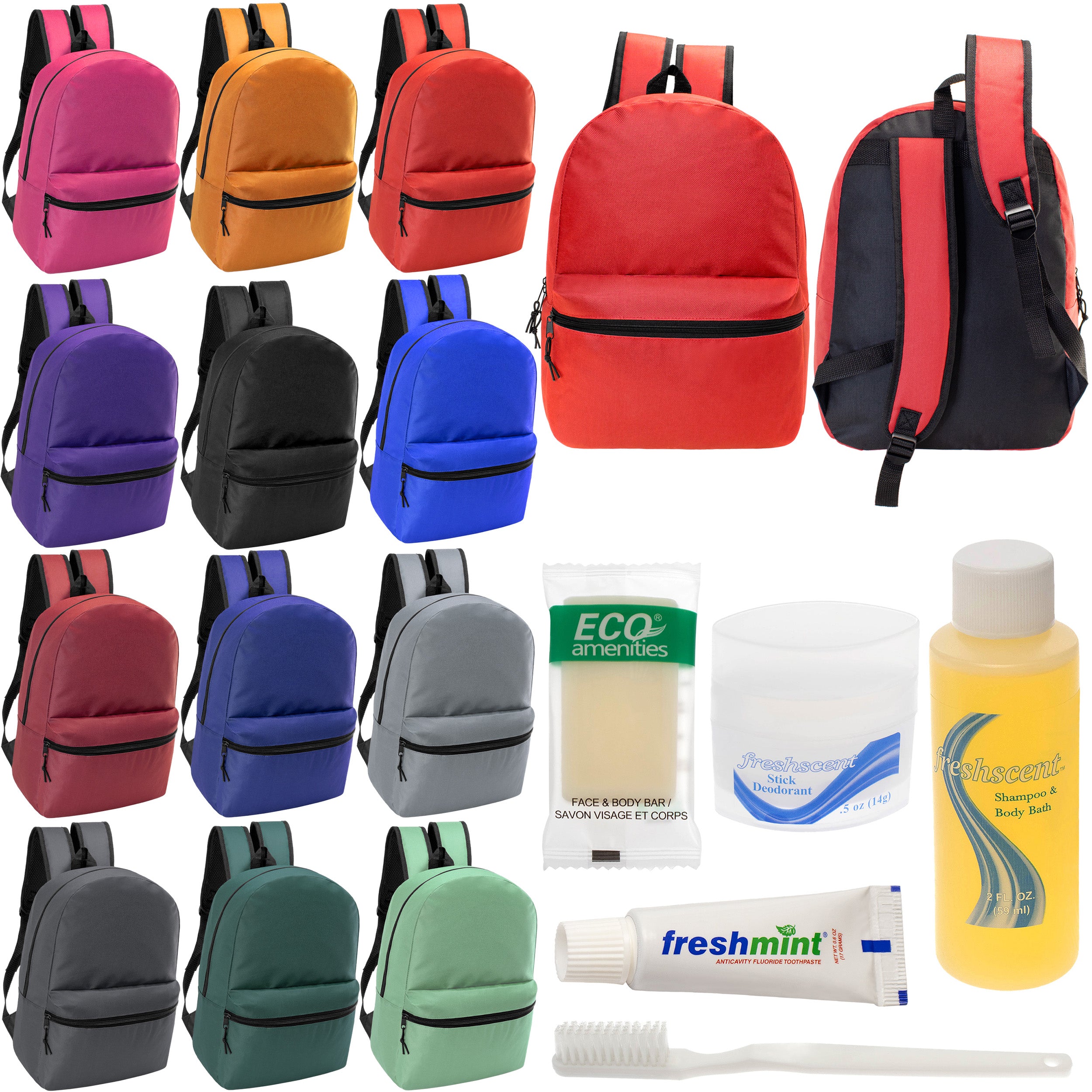 12 Basic 18.5" Backpacks in 12 Assorted Colors & Your Choice of 12 Bulk Hygiene Kits - Wholesale Care Package: Homeless, Emergency, Charity