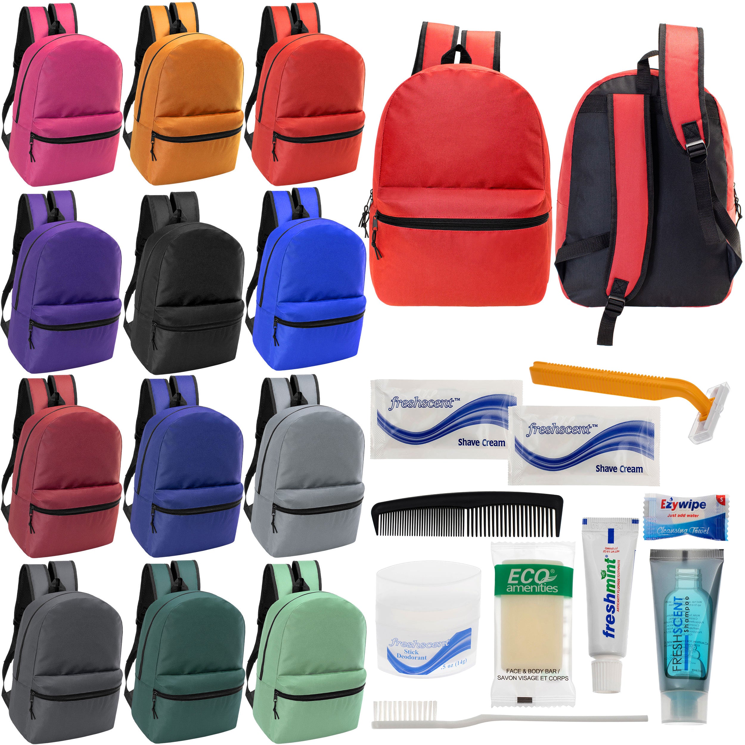 12 Basic 18.5" Backpacks in 12 Assorted Colors & Your Choice of 12 Bulk Hygiene Kits - Wholesale Care Package: Homeless, Emergency, Charity