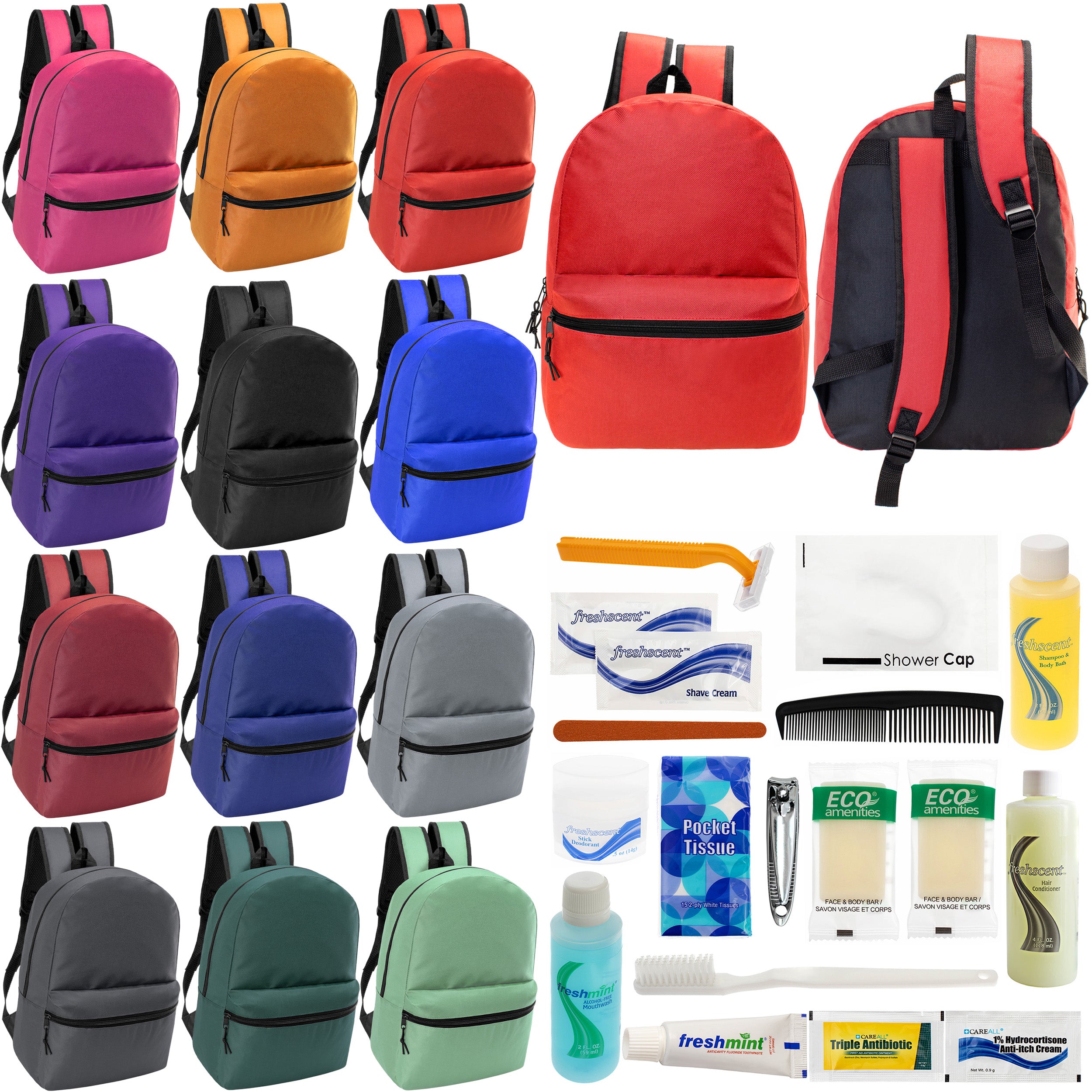 12 Basic 18.5" Backpacks in 12 Assorted Colors & Your Choice of 12 Bulk Hygiene Kits - Wholesale Care Package: Homeless, Emergency, Charity