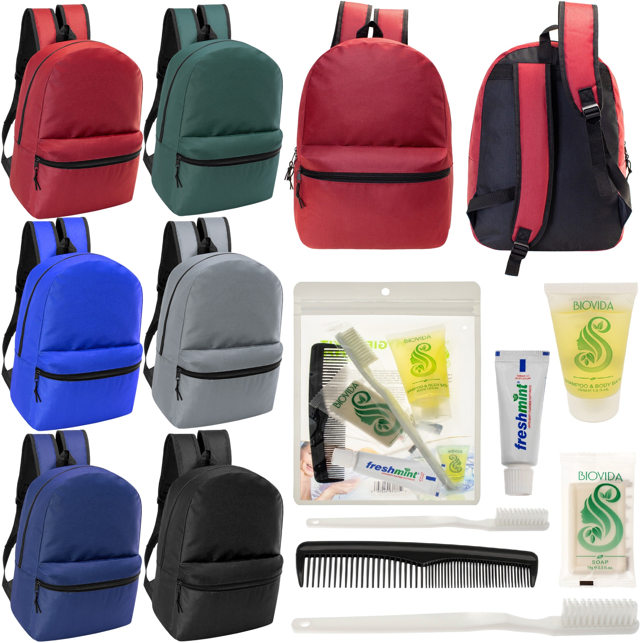 12 Basic 18.5" Backpacks in 6 Assorted Colors & Your Choice of 12 Bulk Hygiene Kits - Wholesale Care Package: Homeless, Emergency, Charity