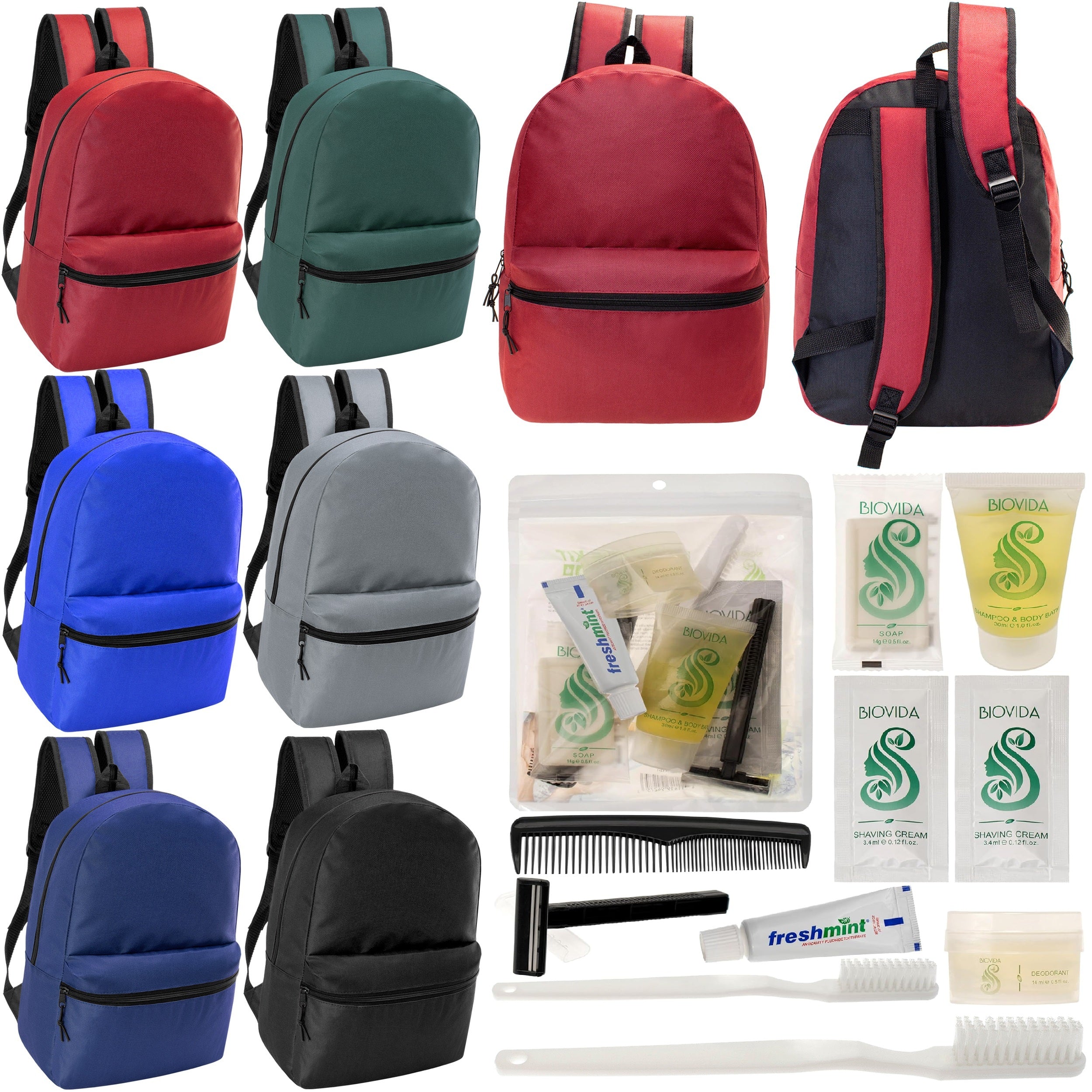 12 Basic 18.5" Backpacks in 6 Assorted Colors & Your Choice of 12 Bulk Hygiene Kits - Wholesale Care Package: Homeless, Emergency, Charity