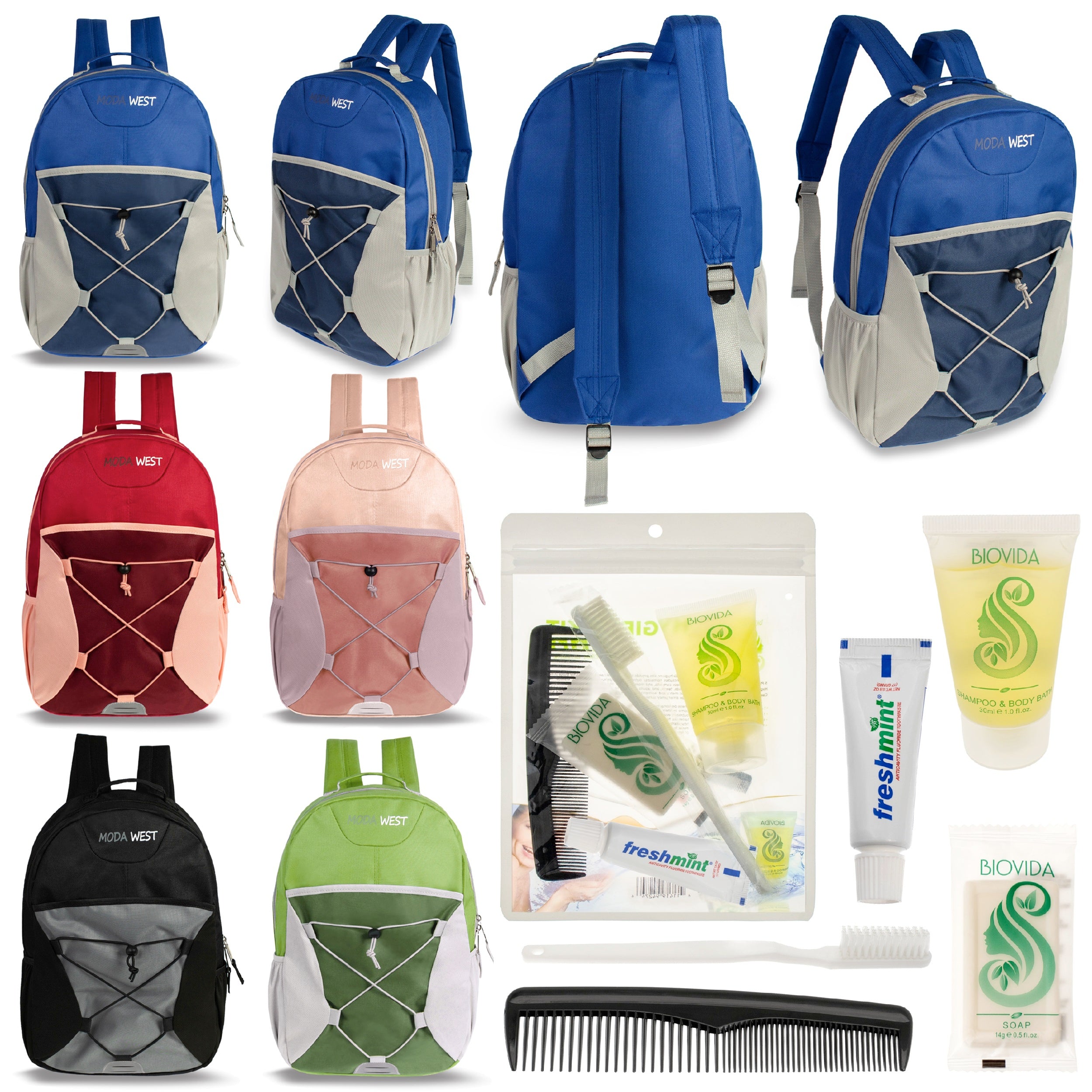 12 Bungee 17" Backpacks in 6 Color Combinations & Your Choice of 12 Bulk Hygiene Kits - Wholesale Care Package: Homeless, Emergency, Charity