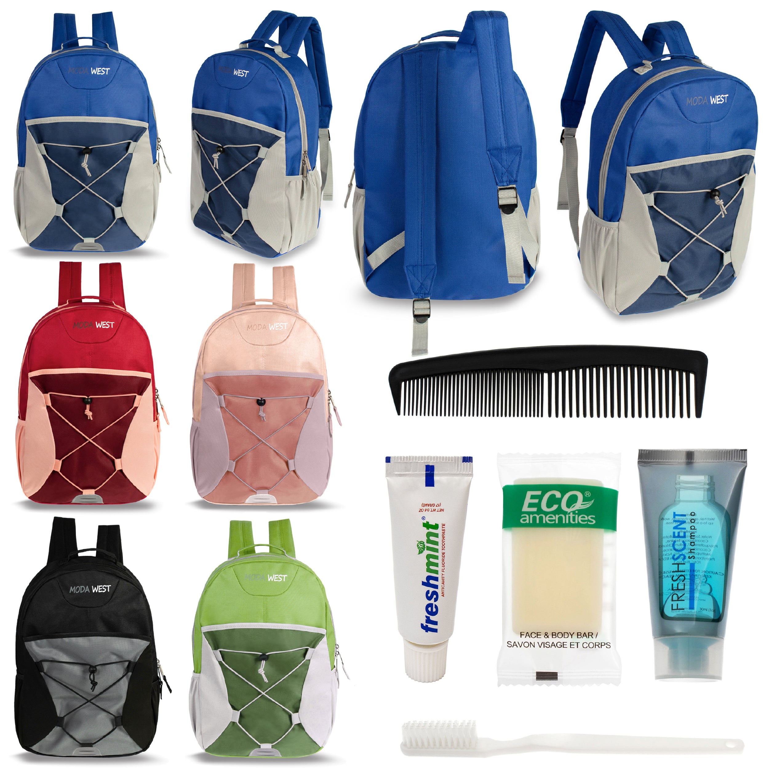 12 Bungee 17" Backpacks in 6 Color Combinations & Your Choice of 12 Bulk Hygiene Kits - Wholesale Care Package: Homeless, Emergency, Charity