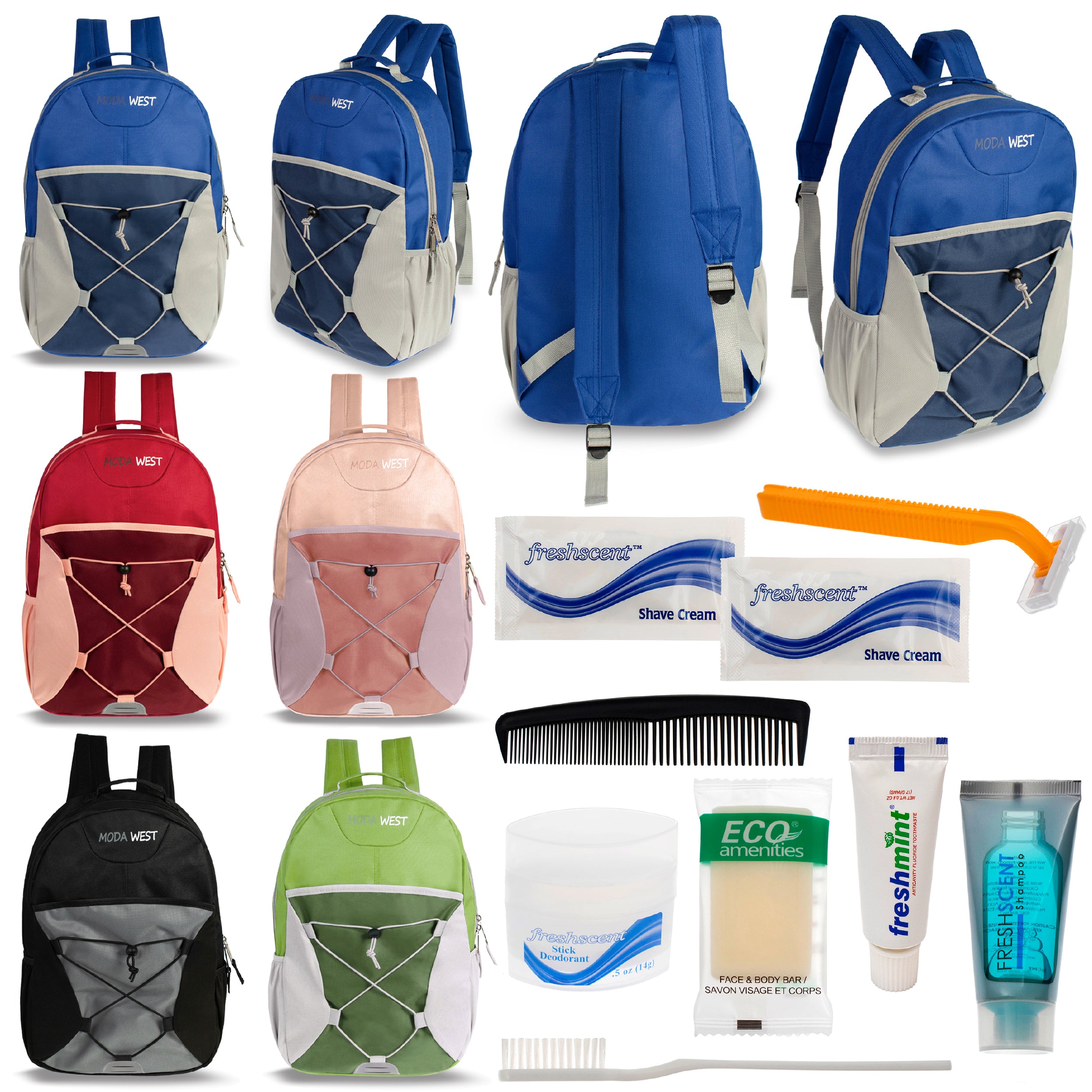 12 Bungee 17" Backpacks in 6 Color Combinations & Your Choice of 12 Bulk Hygiene Kits - Wholesale Care Package: Homeless, Emergency, Charity