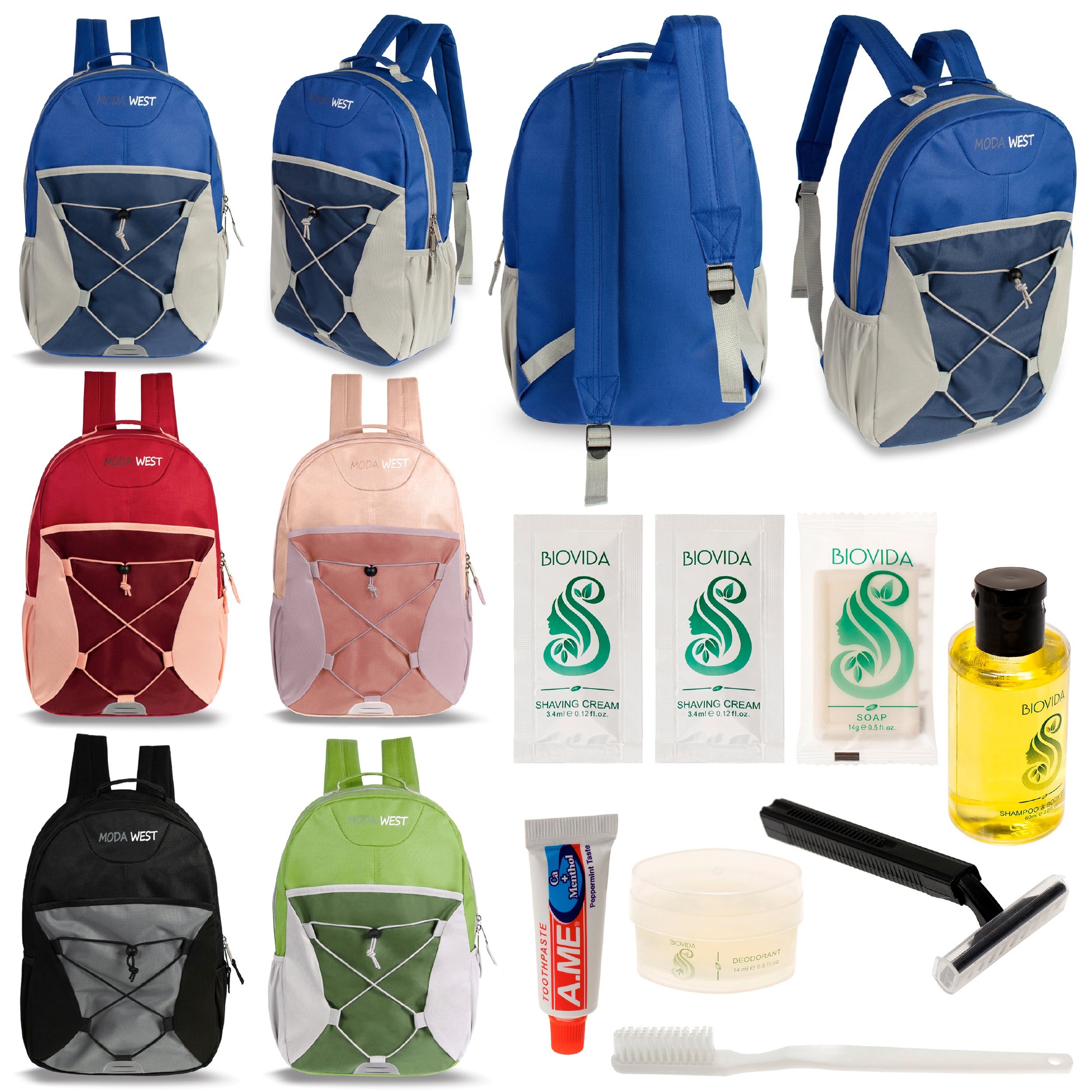 12 Bungee 17" Backpacks in 6 Color Combinations & Your Choice of 12 Bulk Hygiene Kits - Wholesale Care Package: Homeless, Emergency, Charity