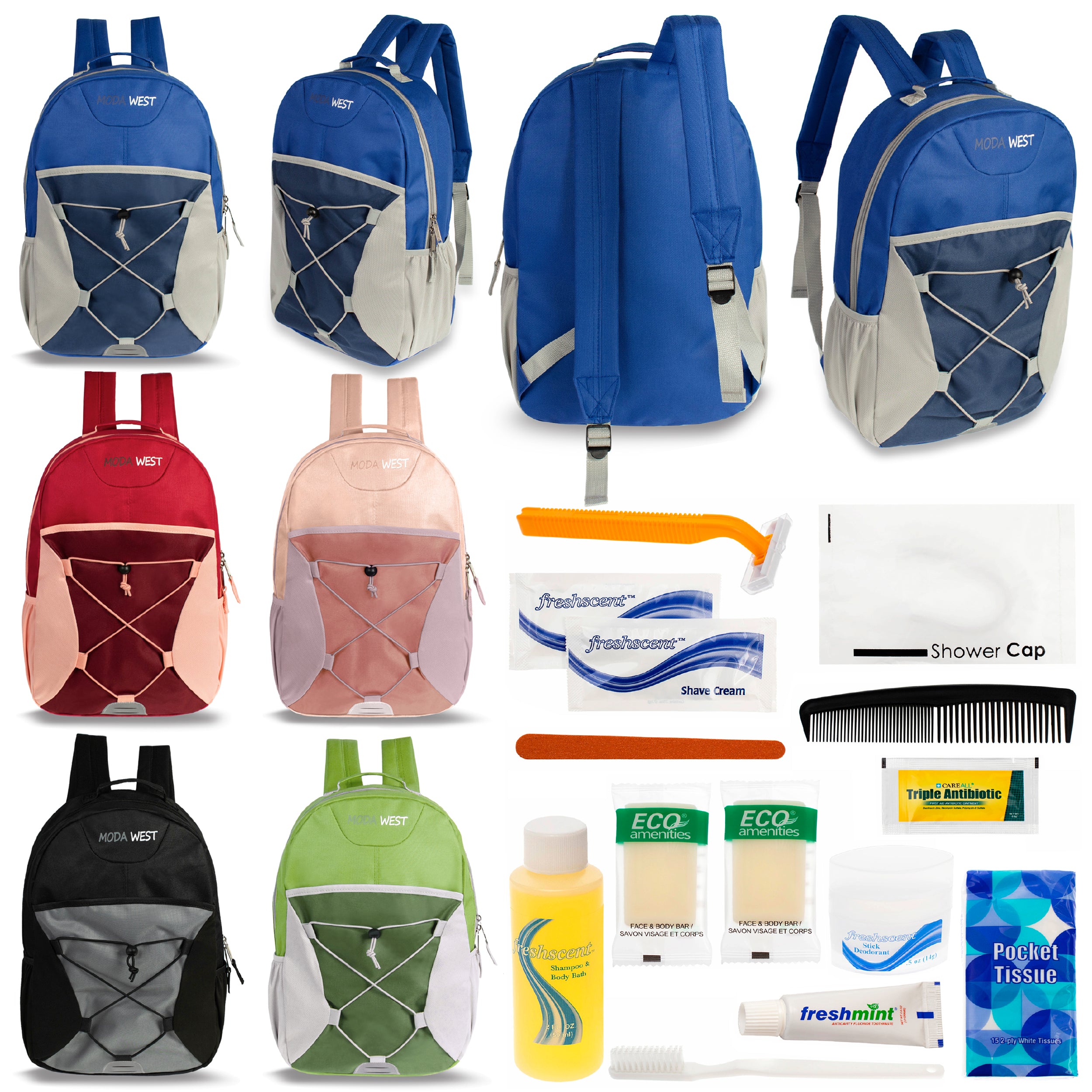 12 Bungee 17" Backpacks in 6 Color Combinations & Your Choice of 12 Bulk Hygiene Kits - Wholesale Care Package: Homeless, Emergency, Charity