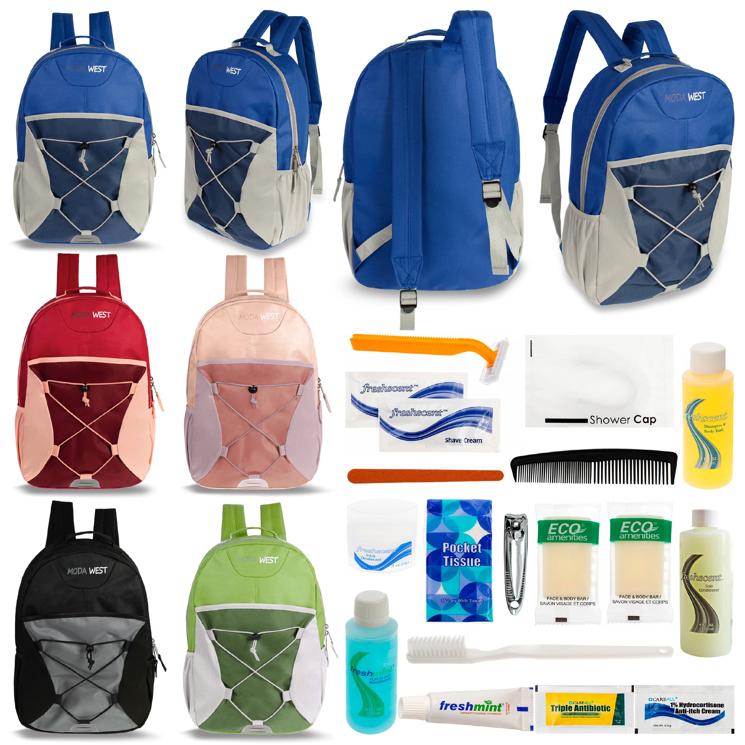 12 Bungee 17" Backpacks in 6 Color Combinations & Your Choice of 12 Bulk Hygiene Kits - Wholesale Care Package: Homeless, Emergency, Charity